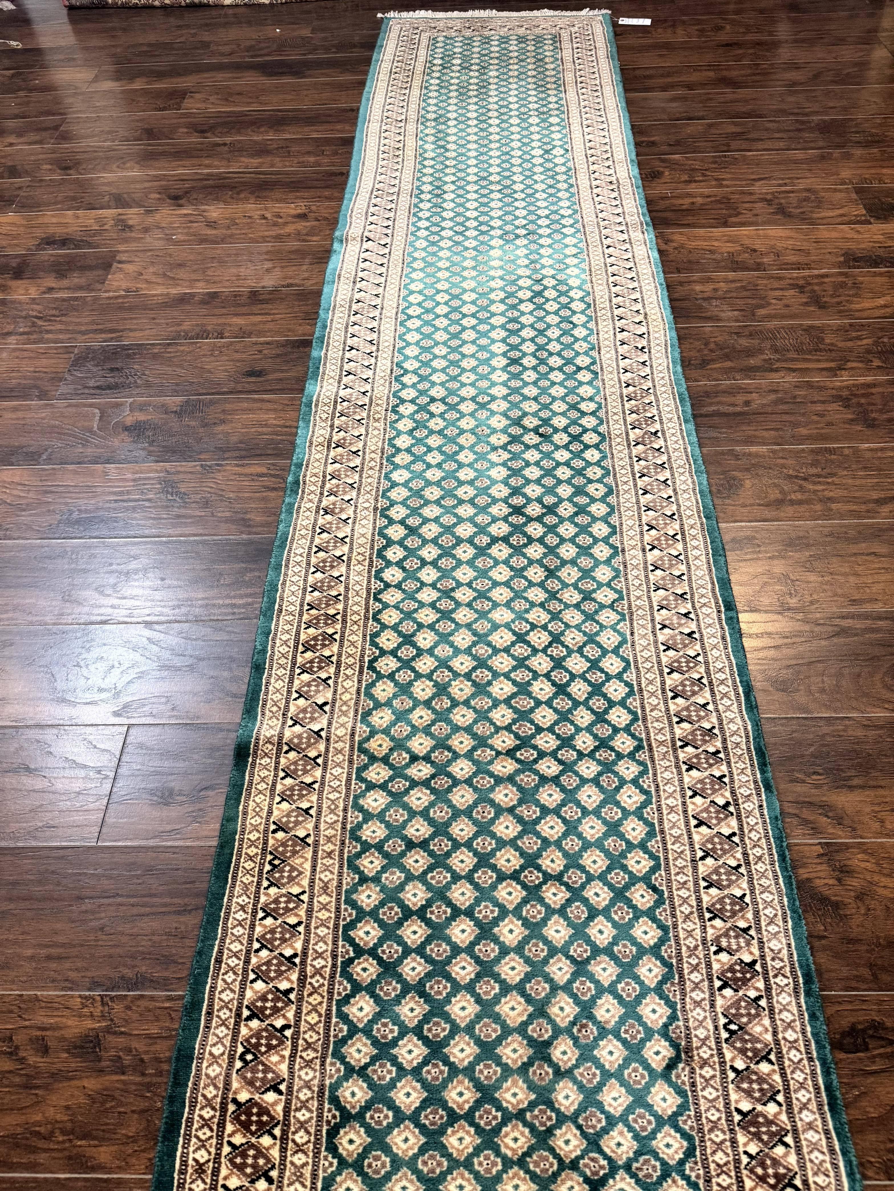 Long Pakistani Runner Rug 2.8 x 20, Hand Knotted Vintage Wool Hallway Rug, Turkoman Rug, Teal and Tan, Handmade Vintage Wool Runner - Jewel Rugs