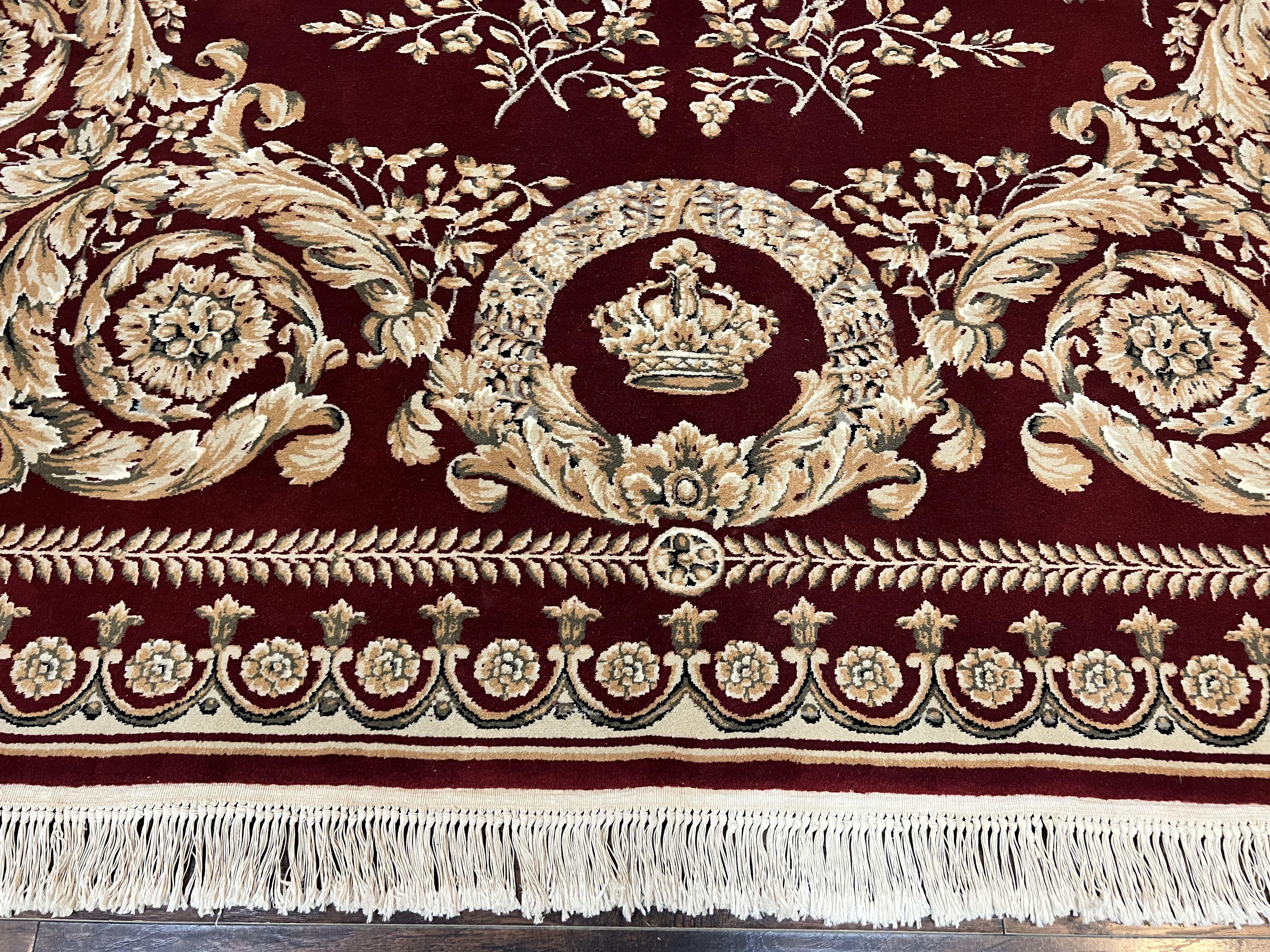 Aubusson Rug 9x12, Wool Handmade Carpet, Elegant French European Design, Dark Maroon Red, 9 x 12 Room Sized Rug, Finely Hand Knotted - Jewel Rugs