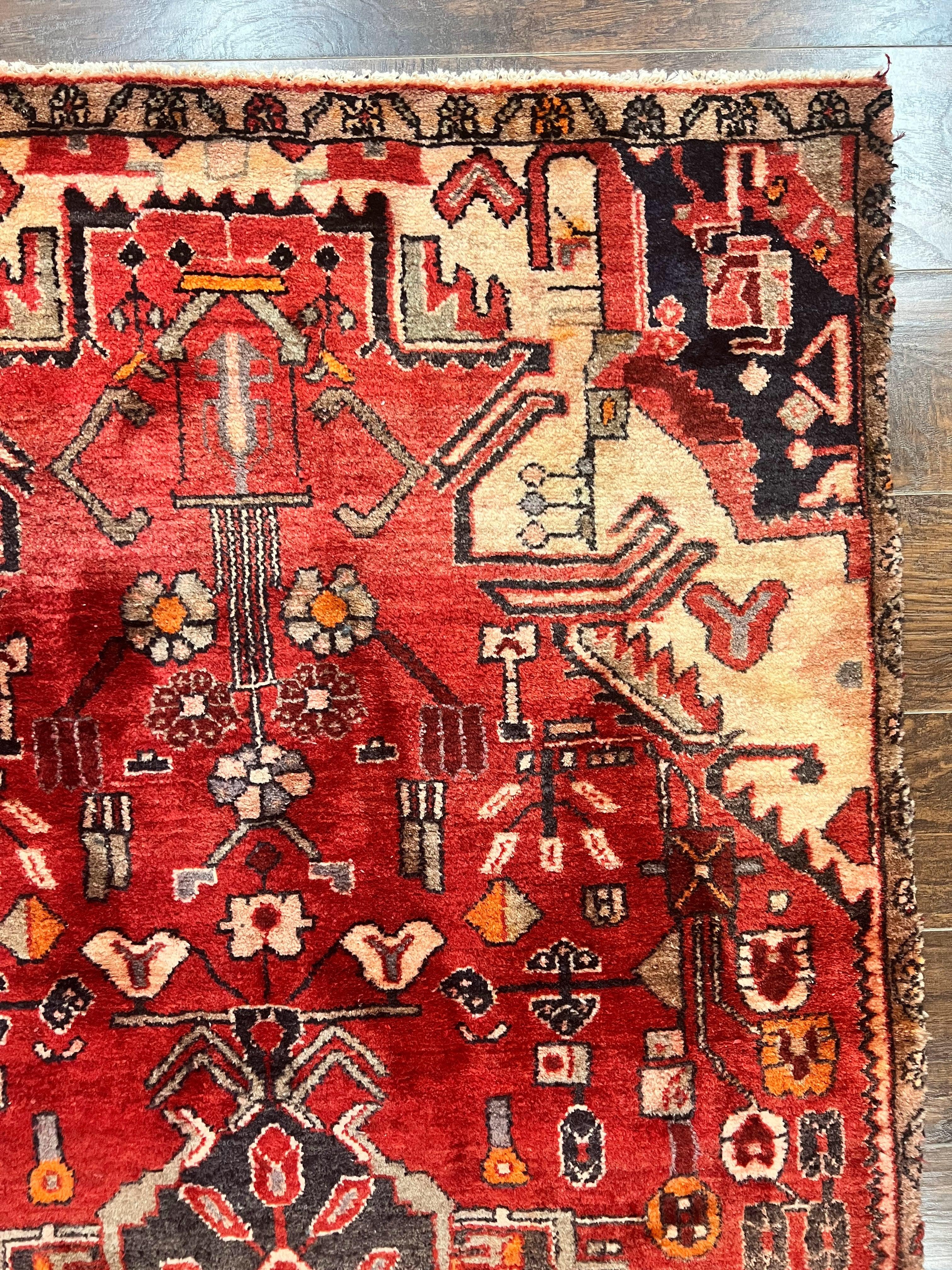 Antique Persian Tribal Rug 4 x 8, Geometric Medallion, Boho Rug, Wool Handmade Rug, Red 4x8 Rug, Persian Hamadan Rug - Jewel Rugs