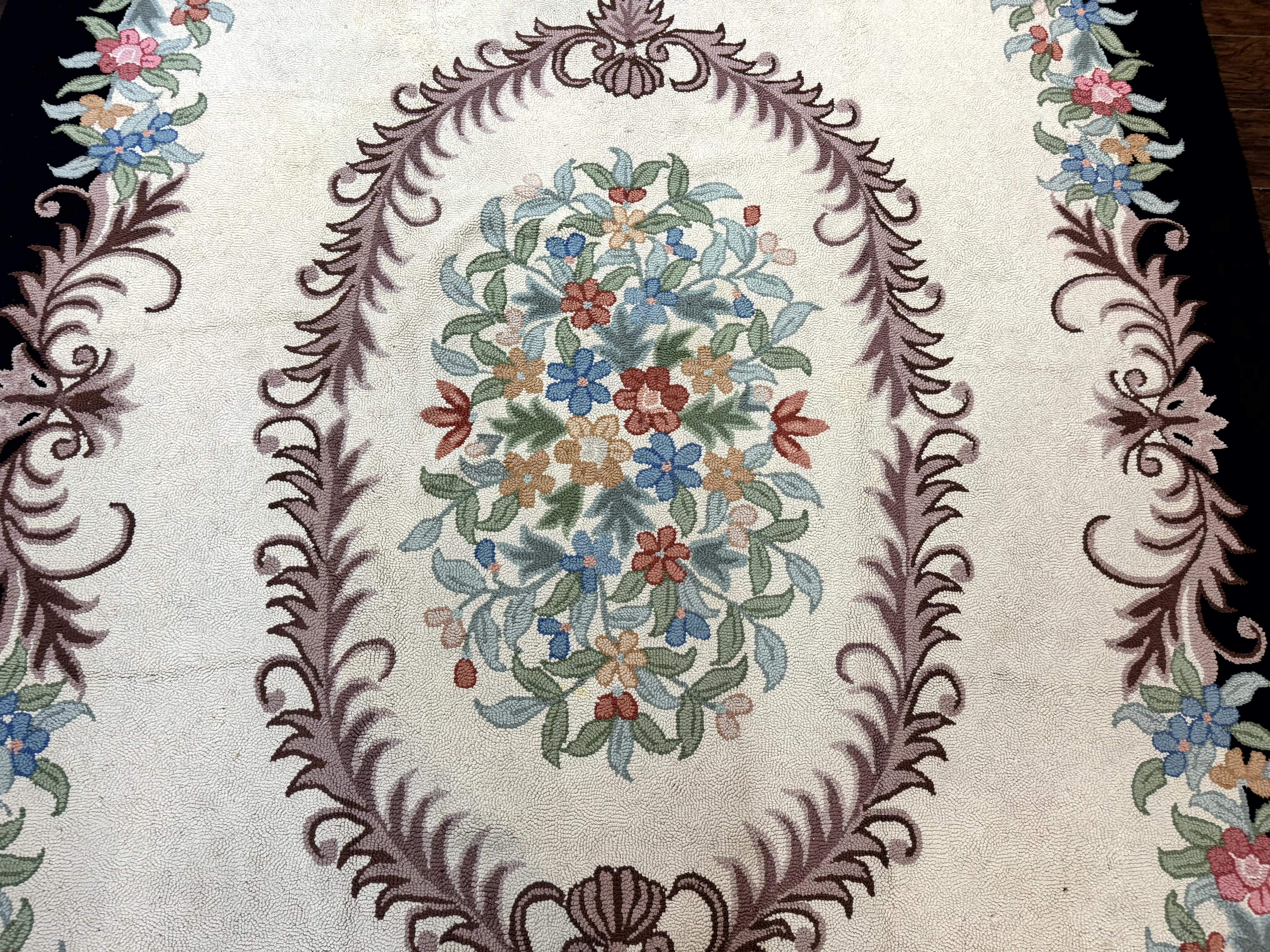 Large American Hooked Rug 8x11, Vintage Ivory Black Floral Carpet - Jewel Rugs