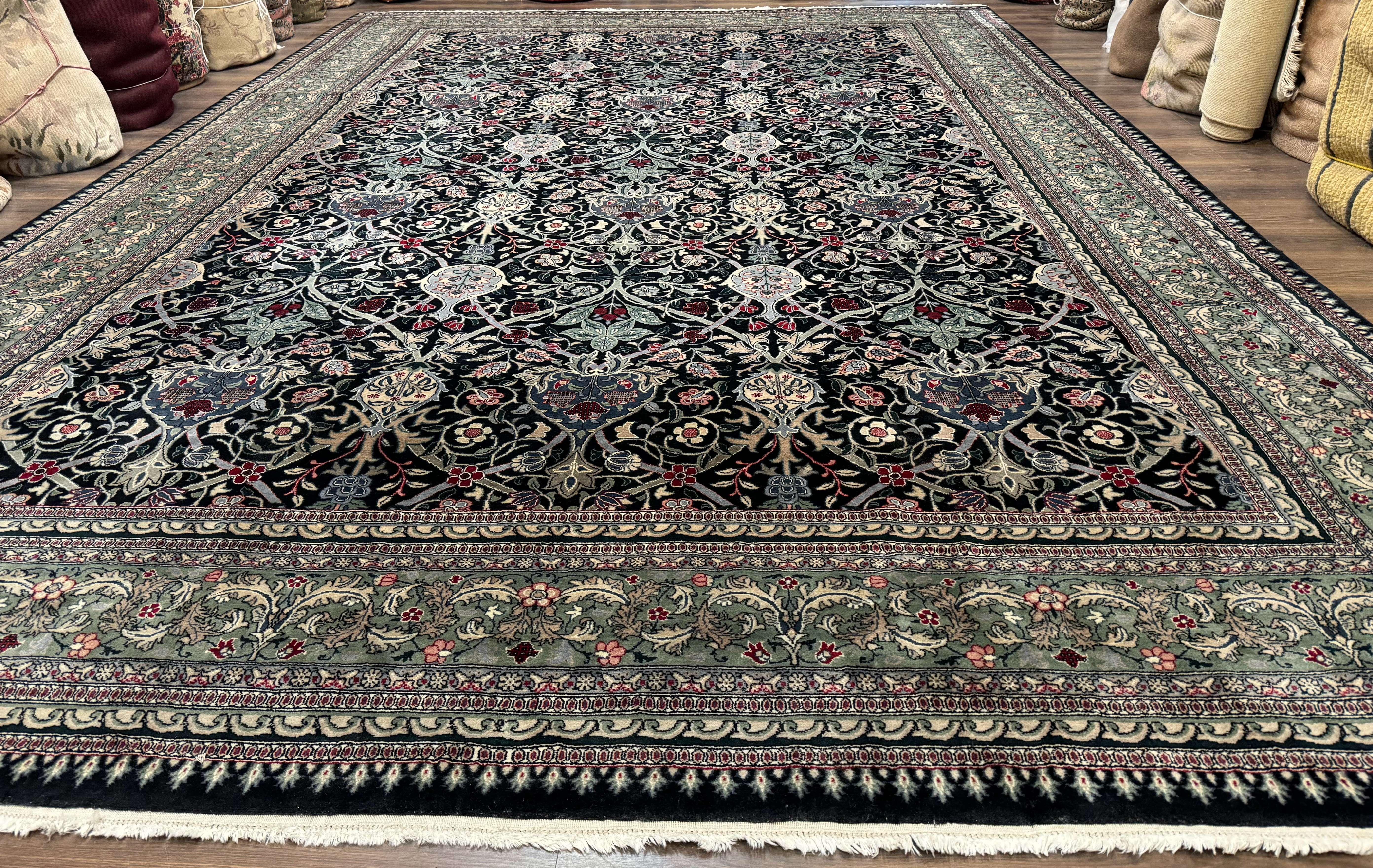 Palace Size Rug 12x17, Pak Persian Wool Carpet, Handmade, Midnight Green, William Morris Allover Pattern - Jewel Rugs