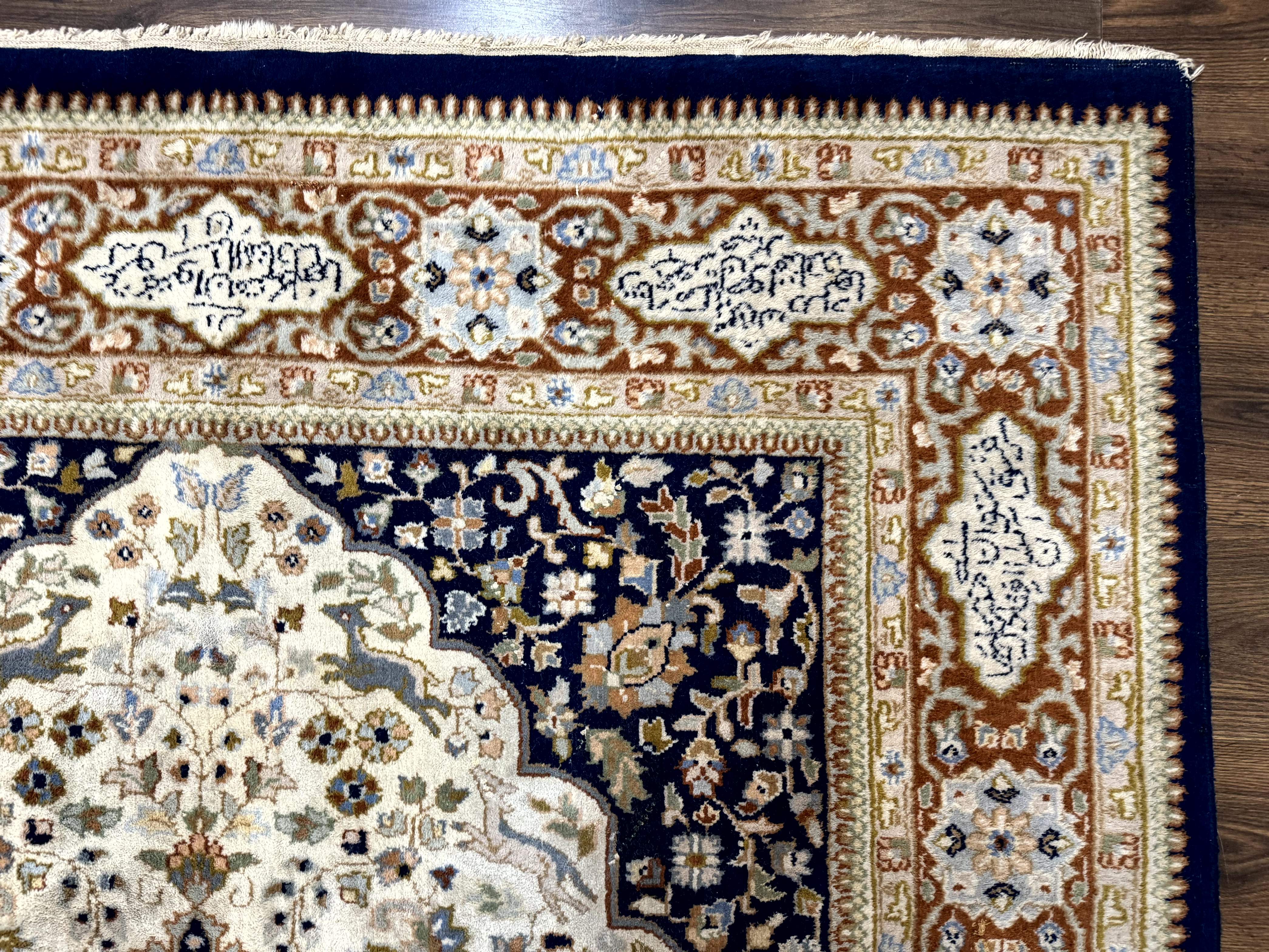 Indo Persian Rug 6x9 – Ivory and Navy, Hunting Design, Wool, Vintage, Poetry in Borders - Jewel Rugs