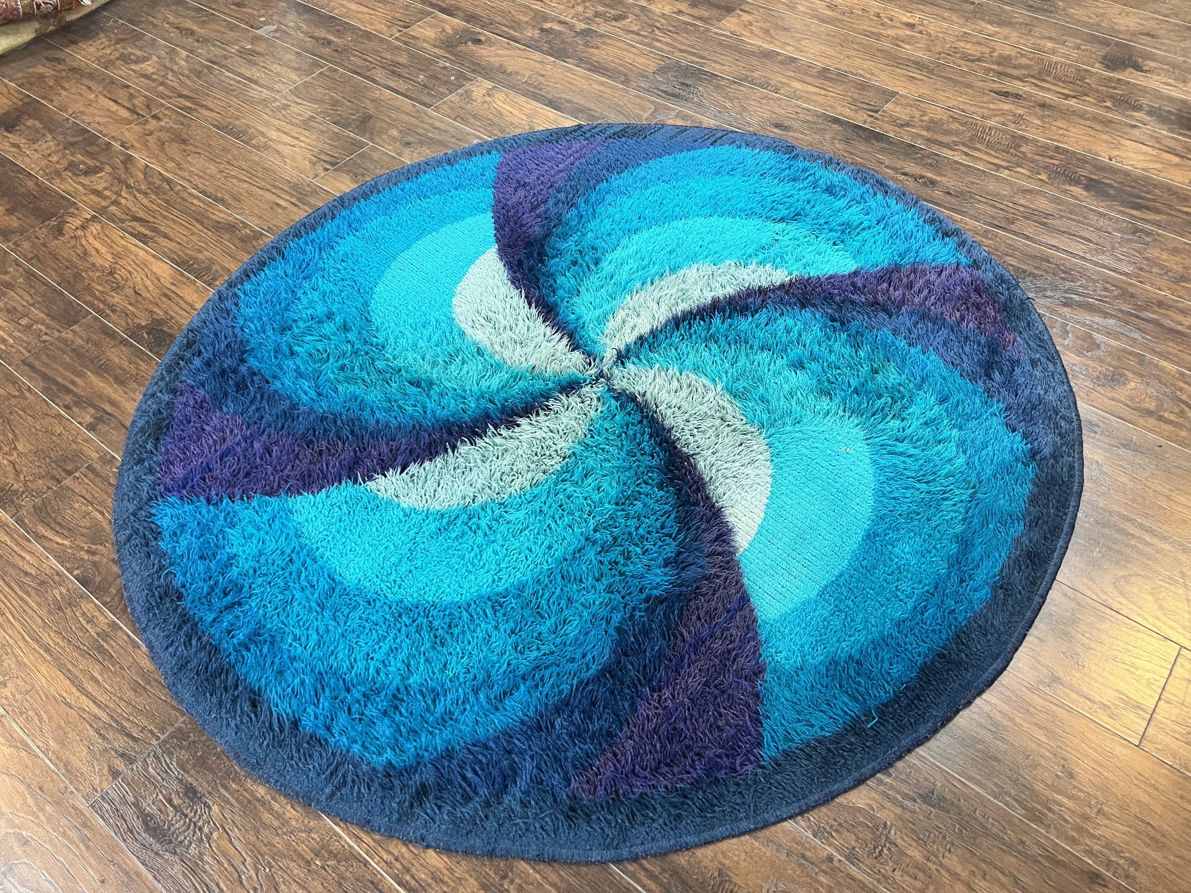 Round Rya Shag Rug 6x6 ft, Round Danish Rug, Shades of Blue, Mid Century 1960s Vintage Retro Area Rug 6ft Round - Jewel Rugs