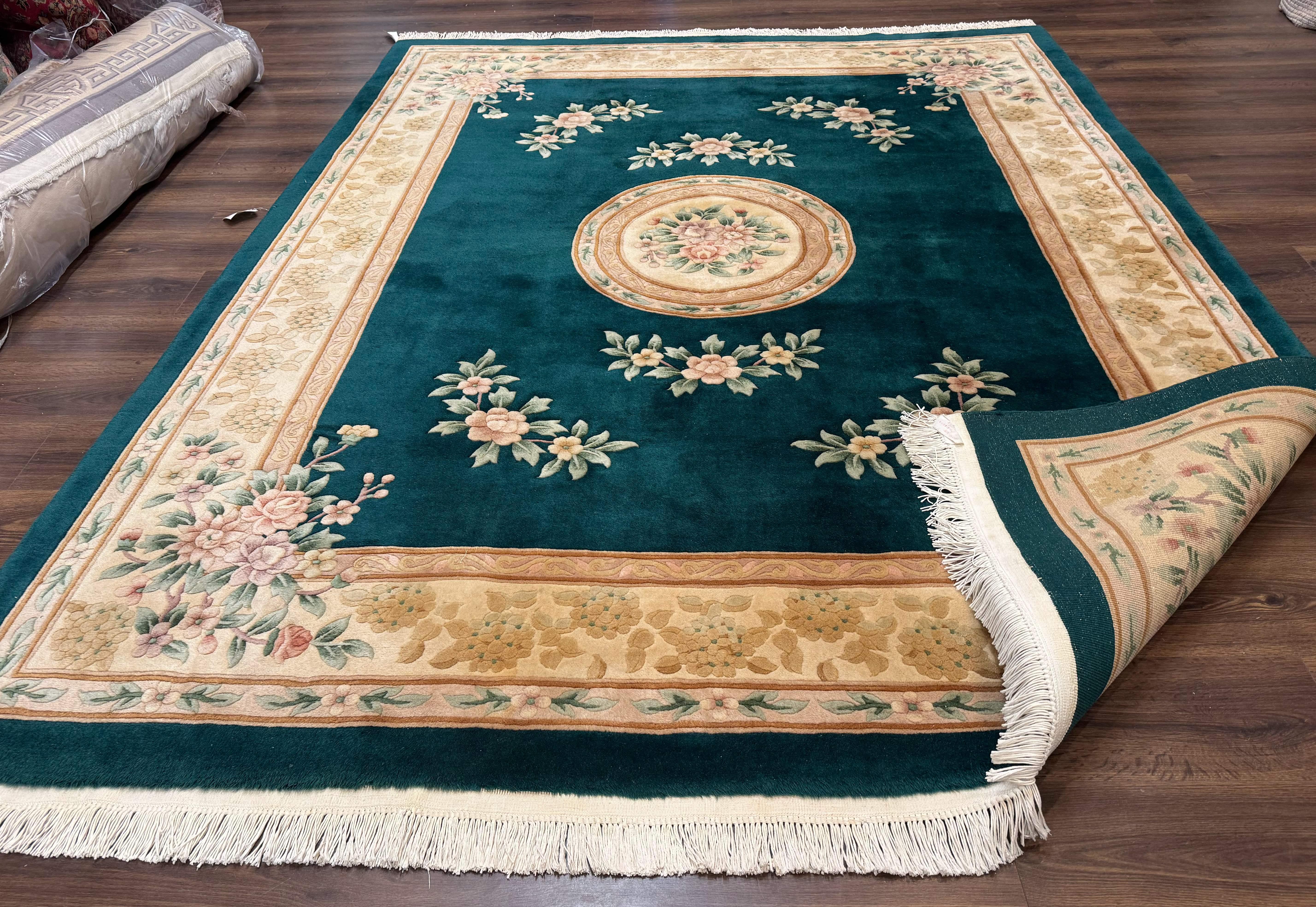 Chinese Wool Rug 8x10, Floral, Soft Thick Pile, Chinese Aubusson 90 Line Rug, Dark Teal and Beige - Jewel Rugs