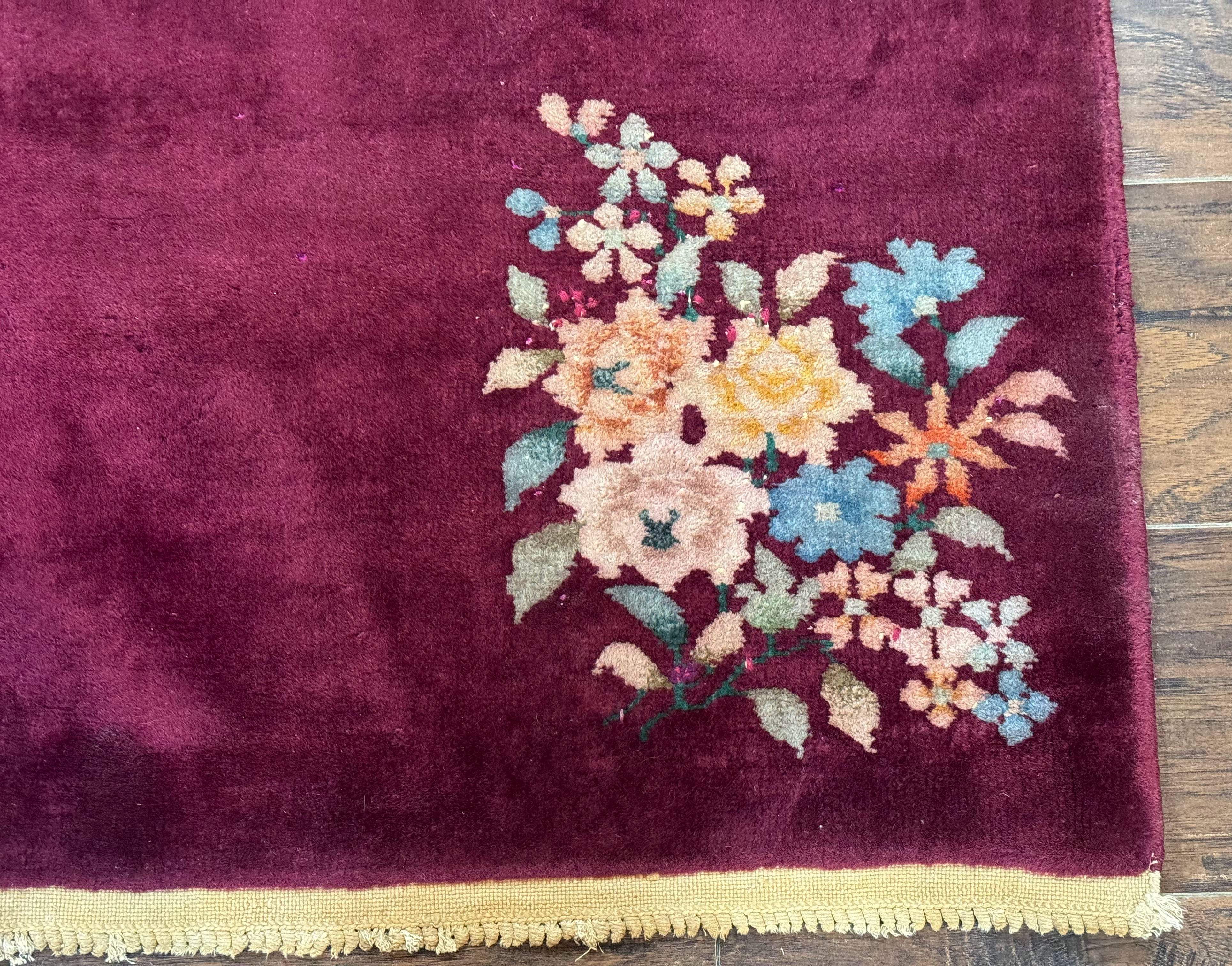 Chinese Nichols Rug 3x5 – Art Deco Carpet, Dark Magenta, Hand-Knotted Wool Vintage Asian Carpet - Jewel Rugs