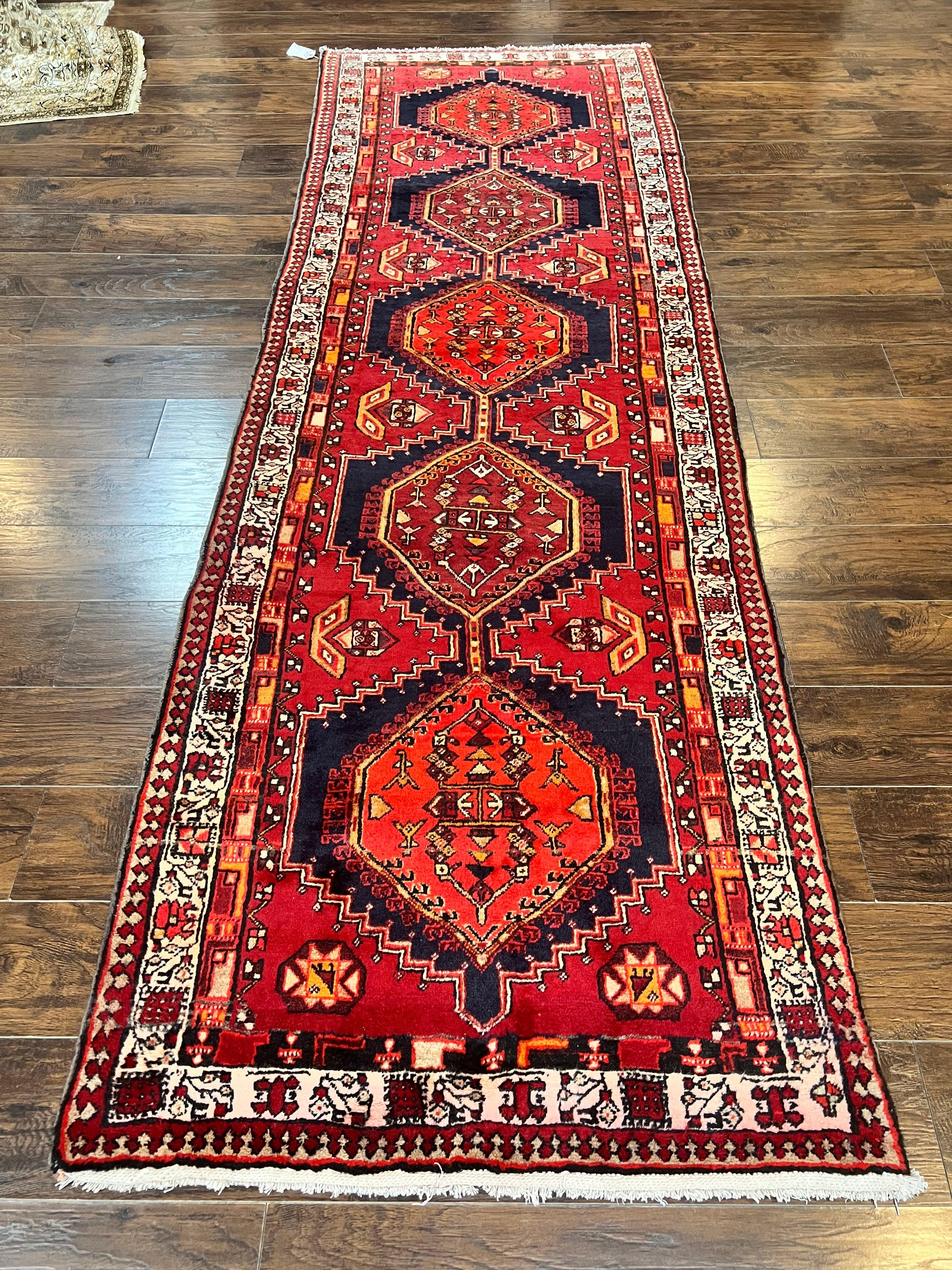 Persian Heriz Runner Rug 3.7 x 11, Persian Tribal Runner, Handmade Wool, Medallions, Geometric, Red, Antique Vintage Hand Knotted Rug - Jewel Rugs