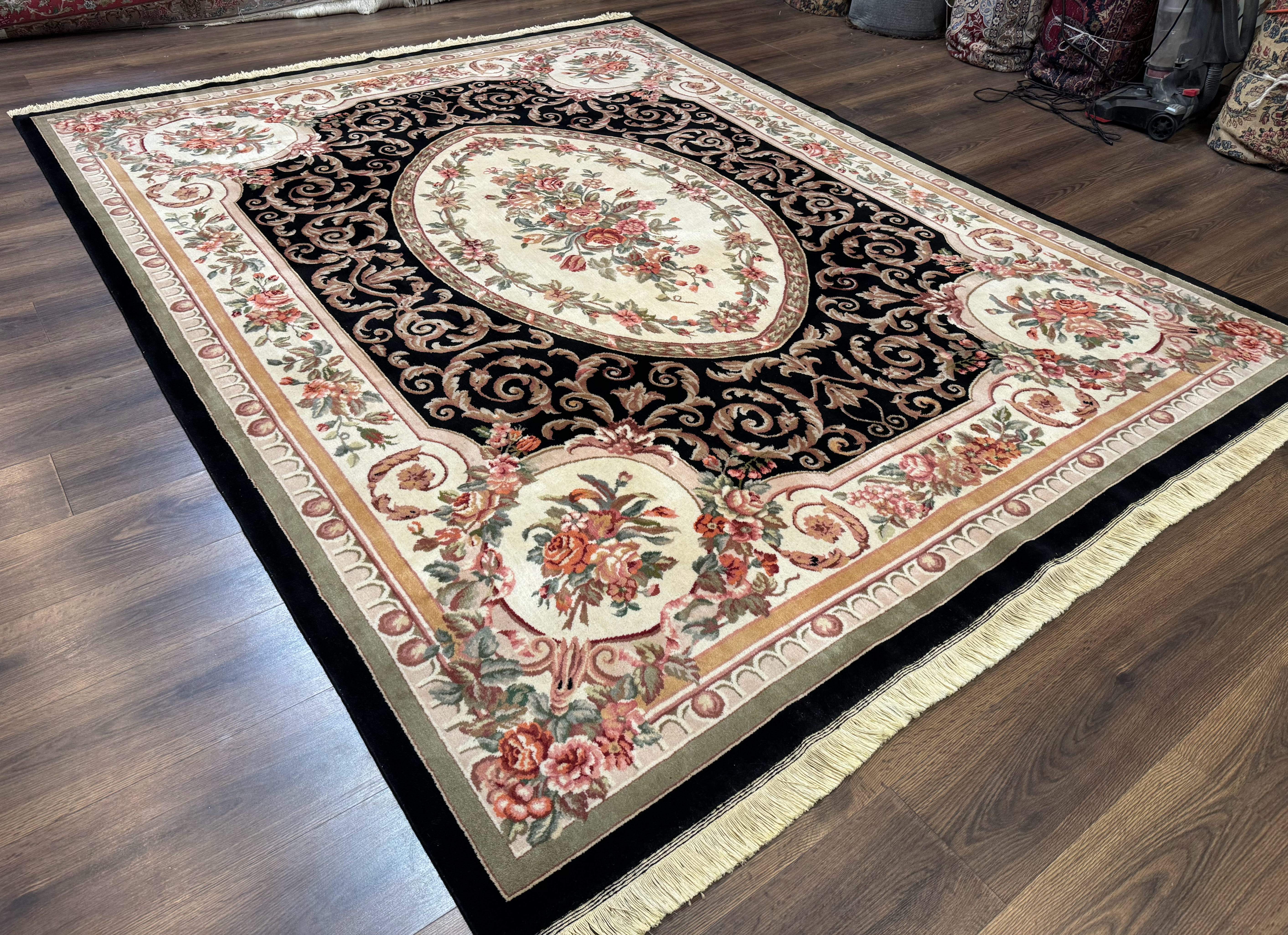 Aubusson Rug 8x10 – Black and Ivory, Hand-Knotted Wool, Vintage Carpet - Jewel Rugs