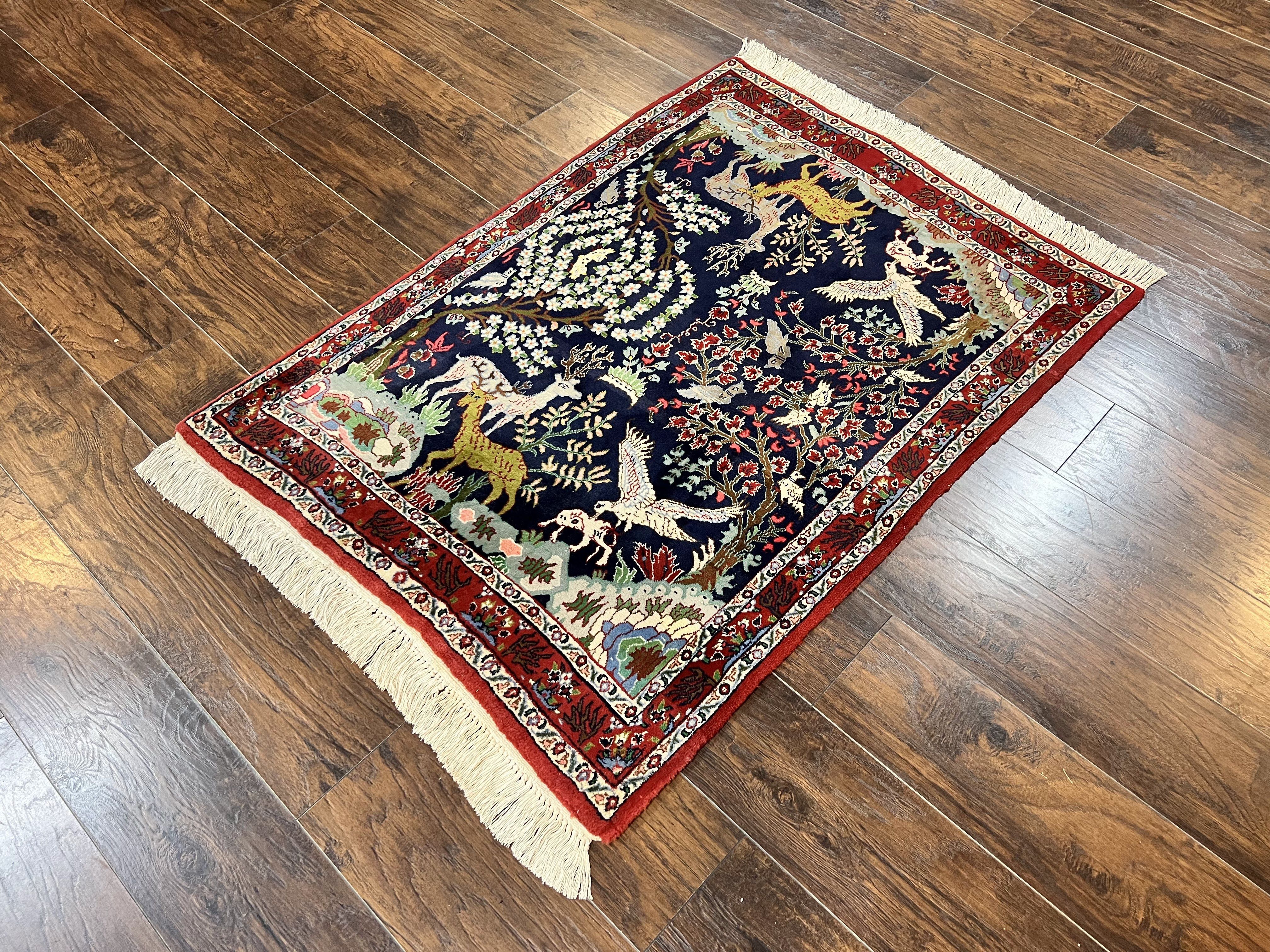 Small Persian Qum Rug 3x5, Animal Pictorials, Tree of Life, Hand Knotted Handmade Vintage Wool Oriental Carpet, Flowers Deer Birds, Dark Blue - Jewel Rugs