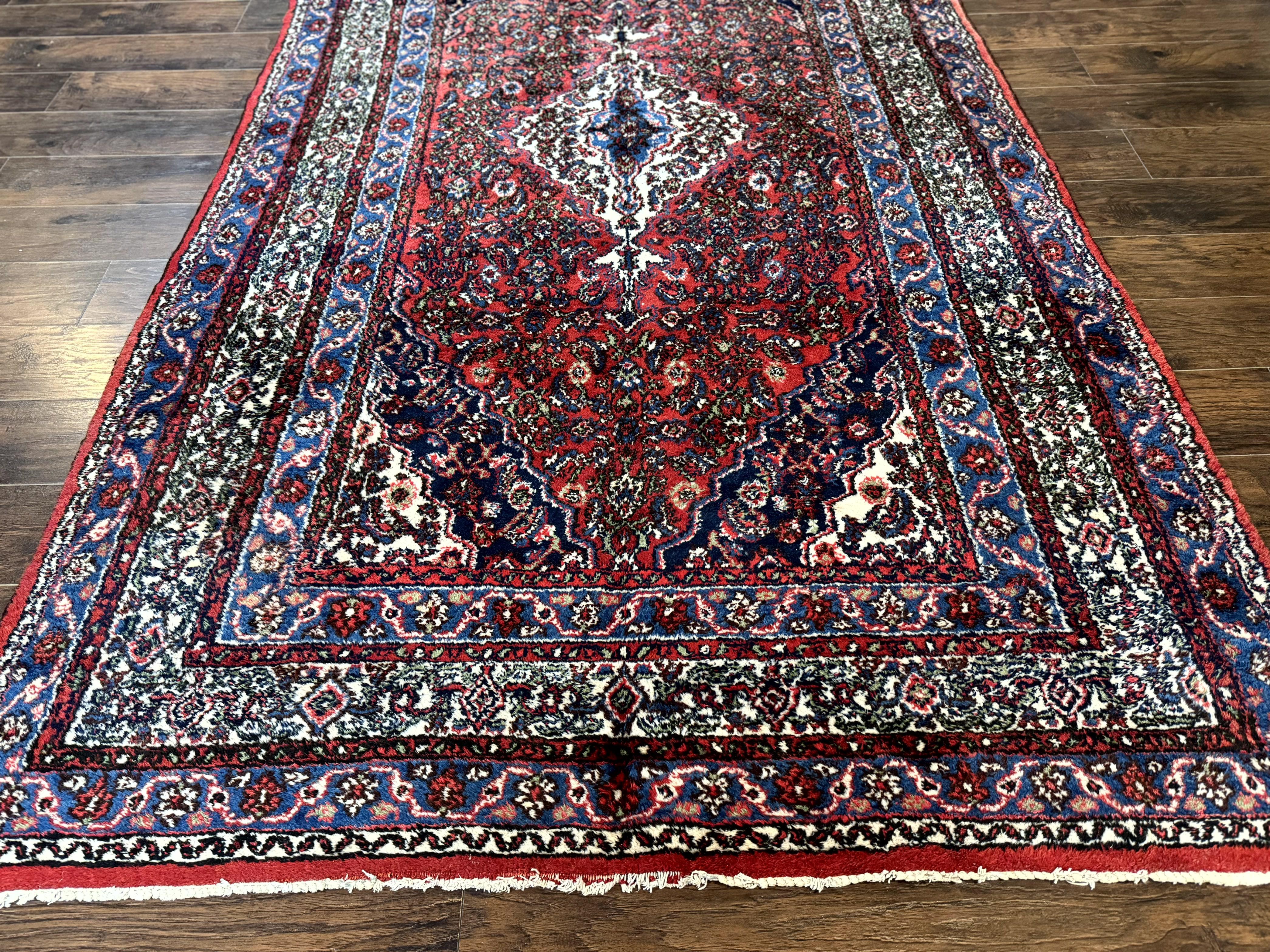 Persian Tribal Rug 6x11, Red Blue Ivory, Antique Persian Carpet, Hamadan Dargazin Carpet - Jewel Rugs