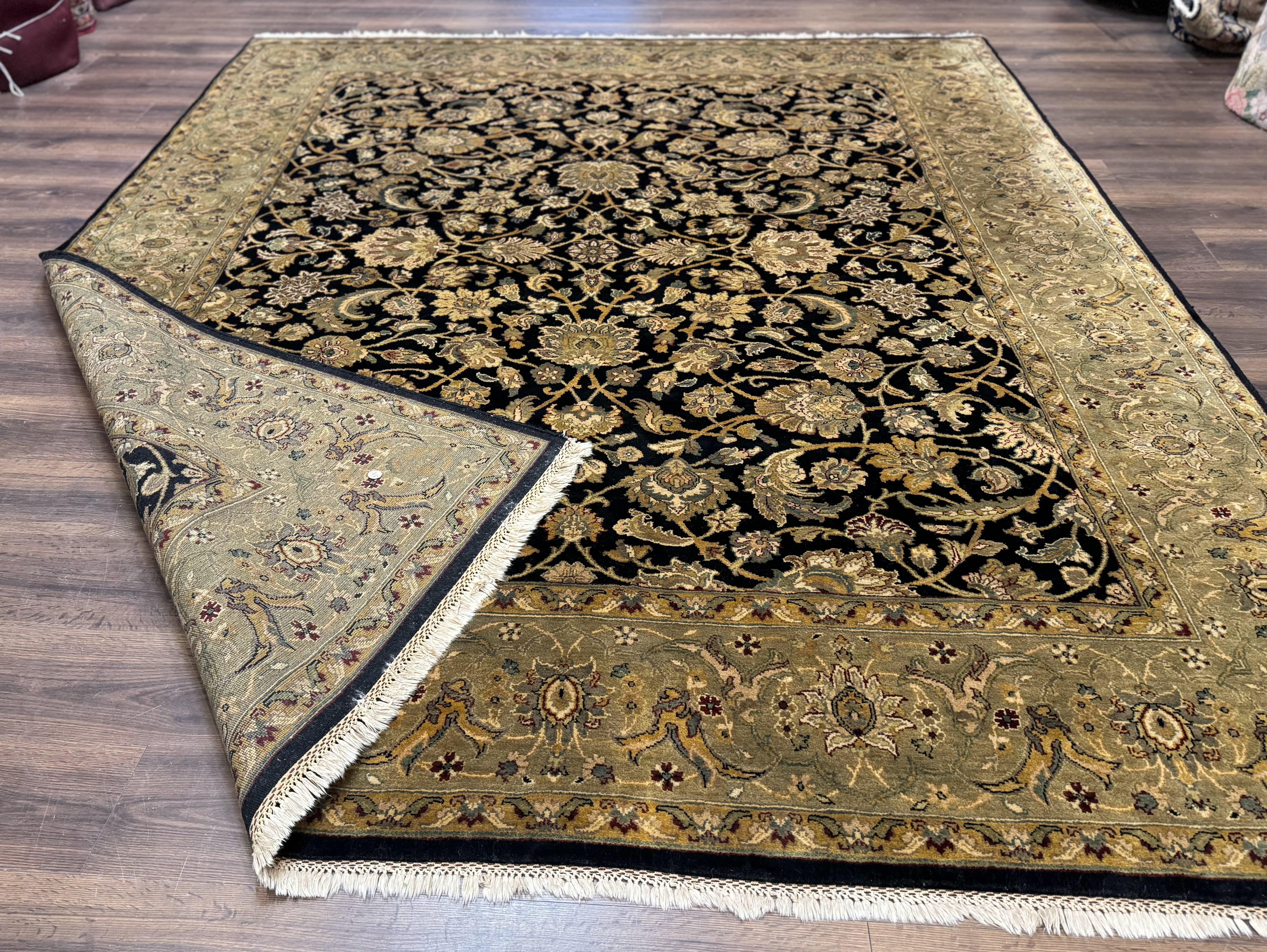 Indo Persian Rug 8x10, Black and Green, Wool, Handmade, Traditional, Floral Allover, Vintage - Jewel Rugs