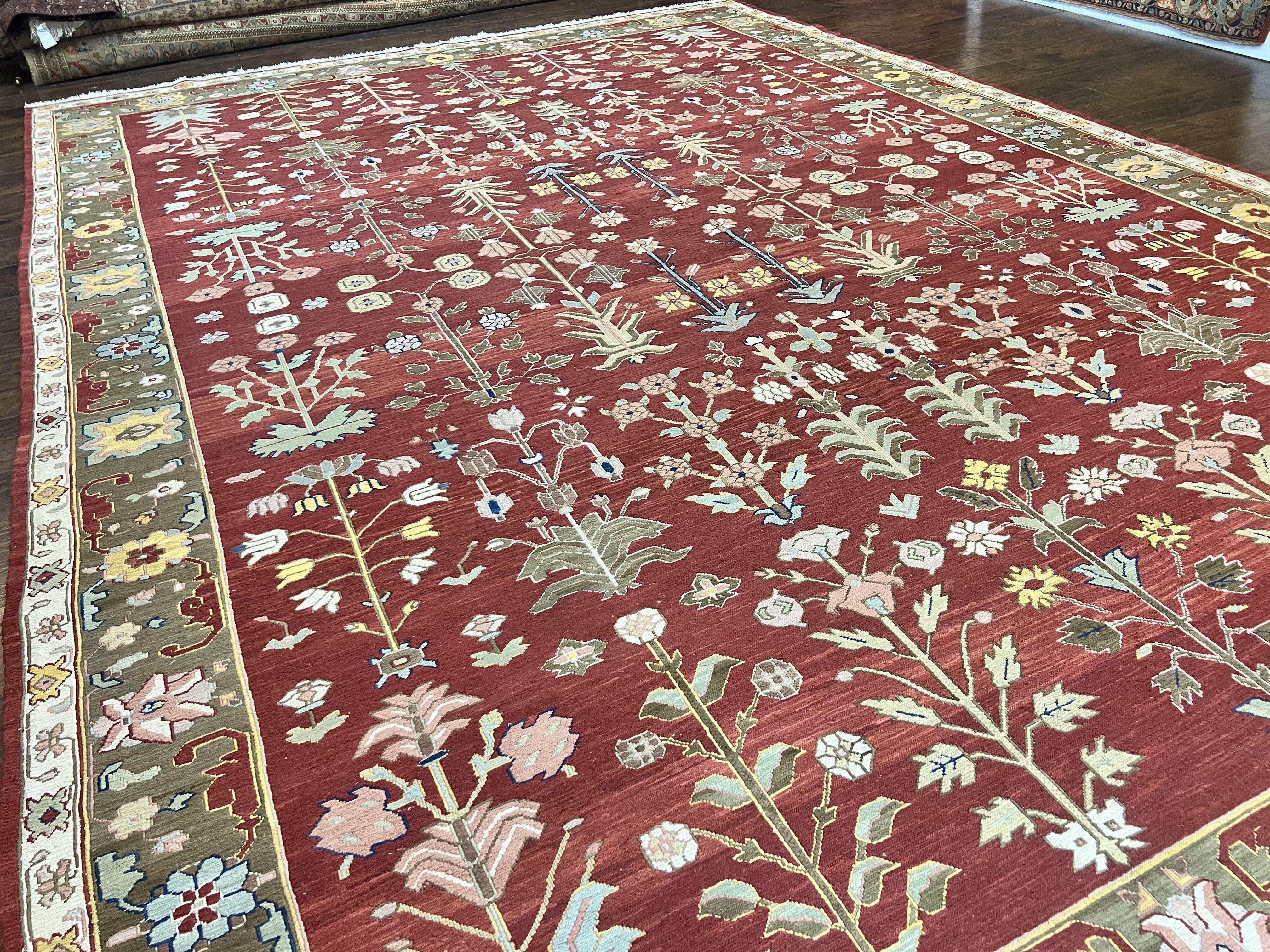 Indian Rug 10x14, Wool Hand Knotted Flatweave Carpet, Tree of Life, Red and Green - Jewel Rugs