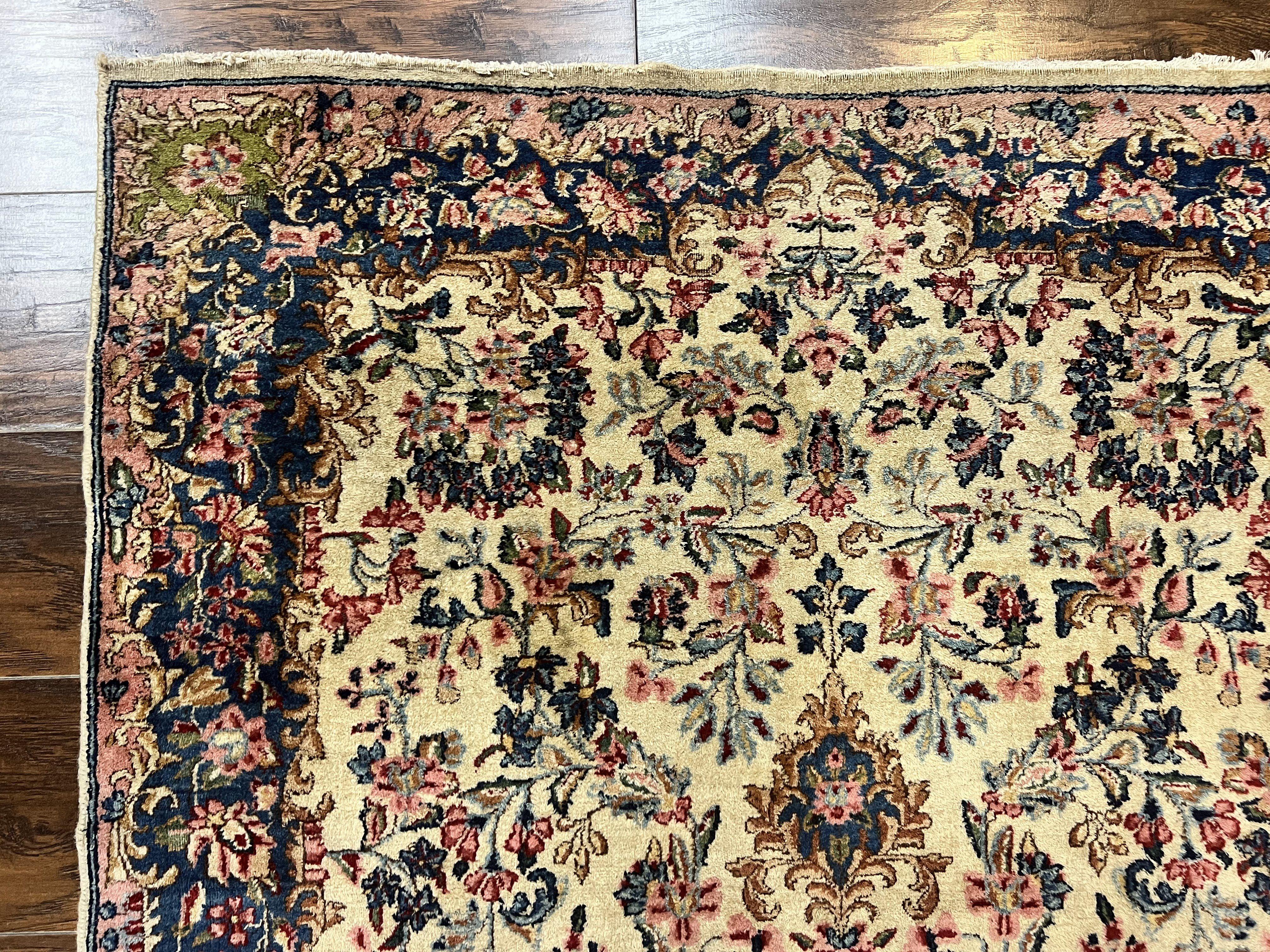 Antique Persian Kirman Rug 4x7, Cream and Navy Blue, Hand Knotted Wool Floral Carpet - Jewel Rugs