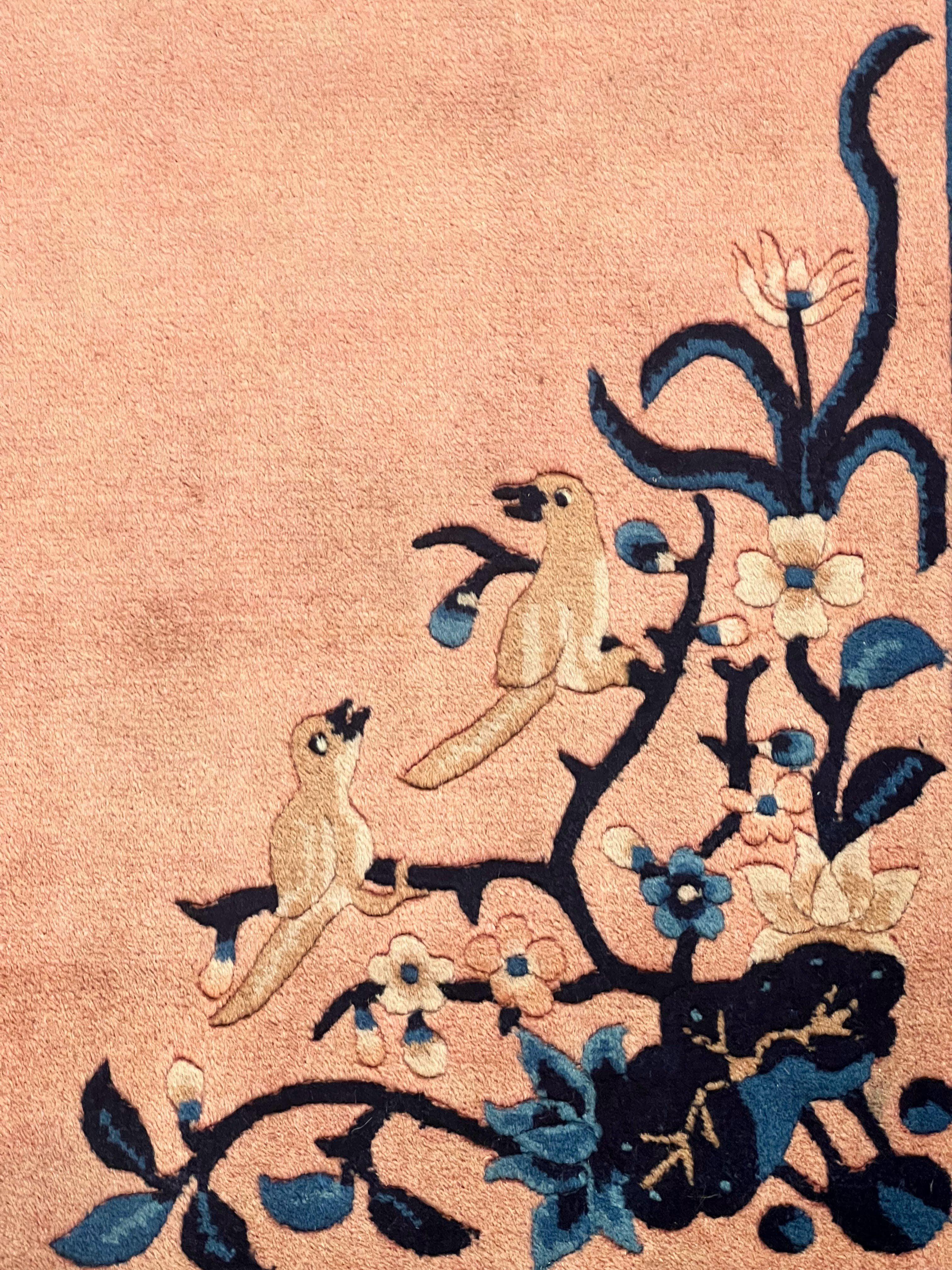 Antique Chinese Peking Rug 4x6, Vases & Bird Motifs, Navy Blue, Handmade Wool Asian Oriental Art Deco Carpet - Jewel Rugs