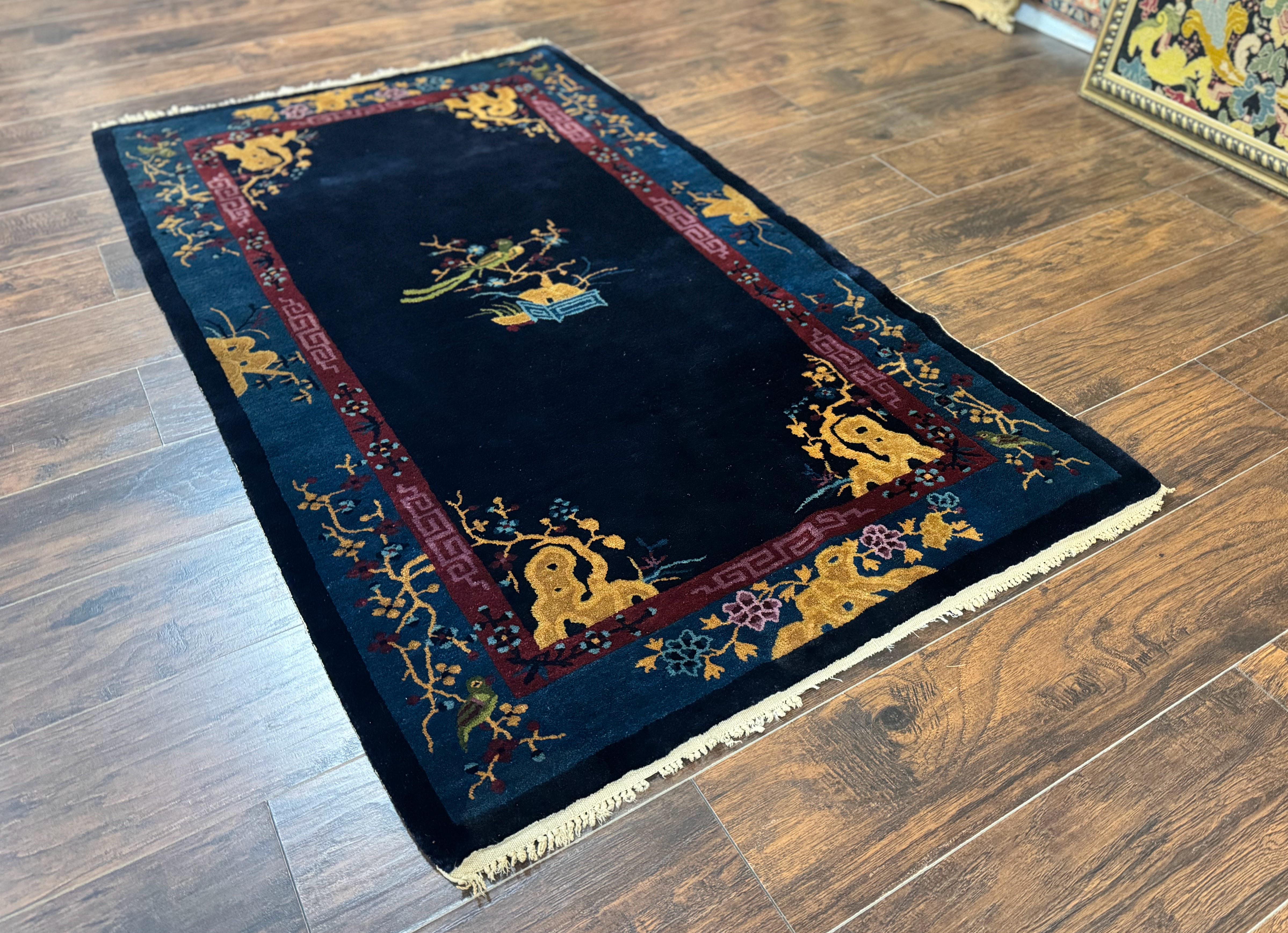 Antique Chinese Peking Rug 3x6, Dark Blue, Bird Motif, Handmade Wool Art Deco Asian Oriental Carpet, Pair B - Jewel Rugs