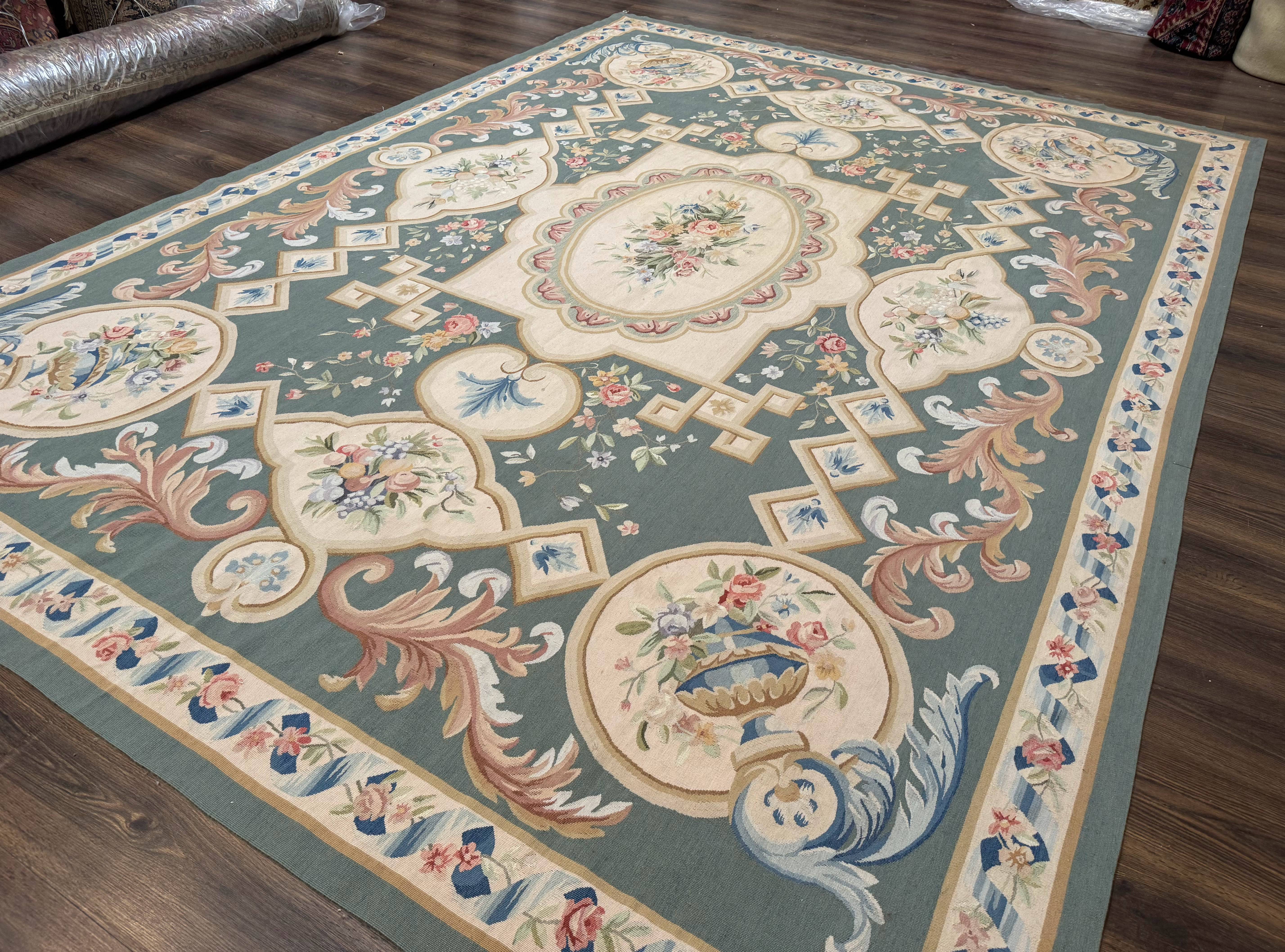 Aubusson Rug 9x12, Muted Sage Green and Cream, European Design - Jewel Rugs