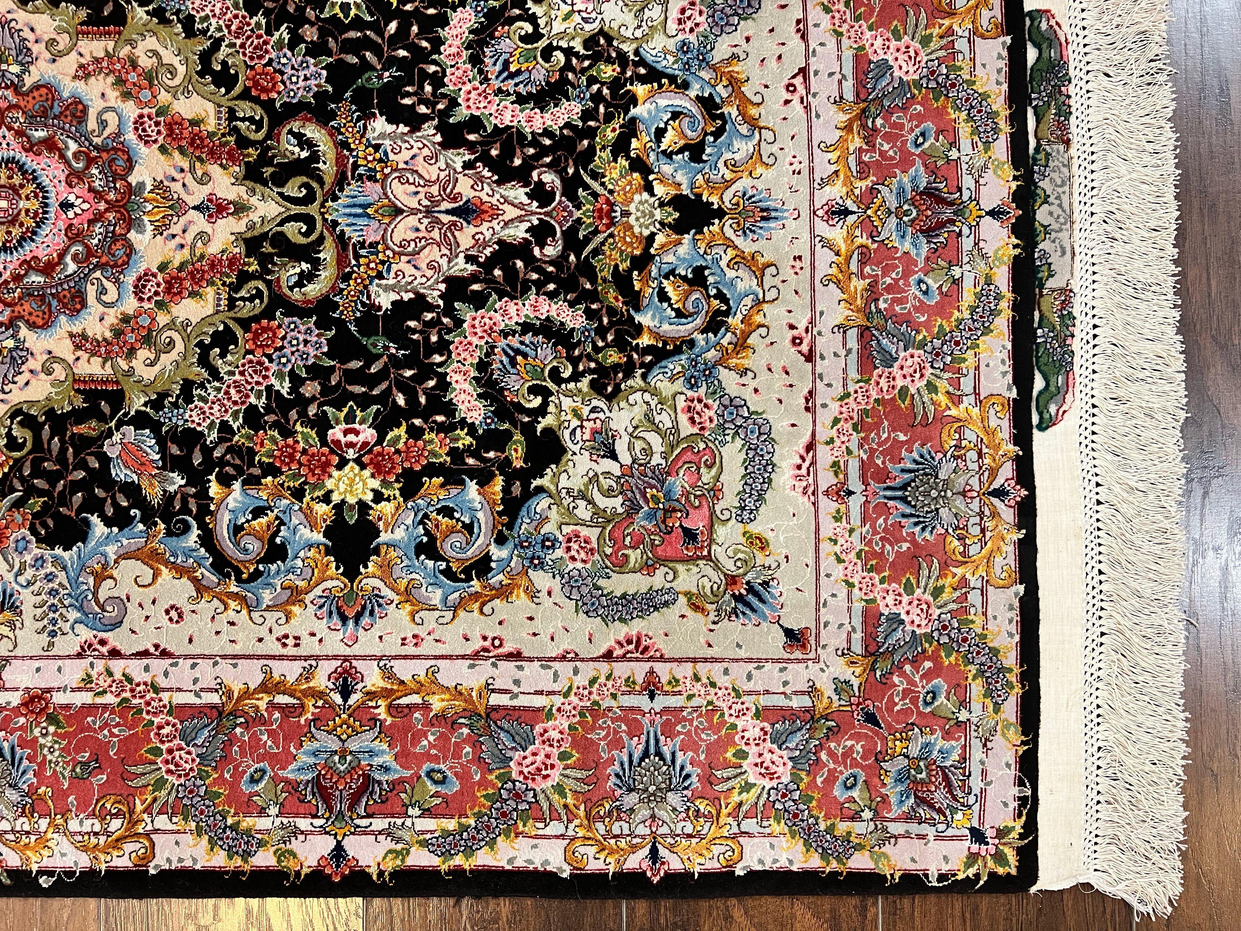 Wonderful 3x5 Persian Tabriz Rug, 650 KPSI, Kork Wool on Silk Foundation, Hand Knotted, Black and Red, Signed by Master Weaver, Floral Medallion - Jewel Rugs