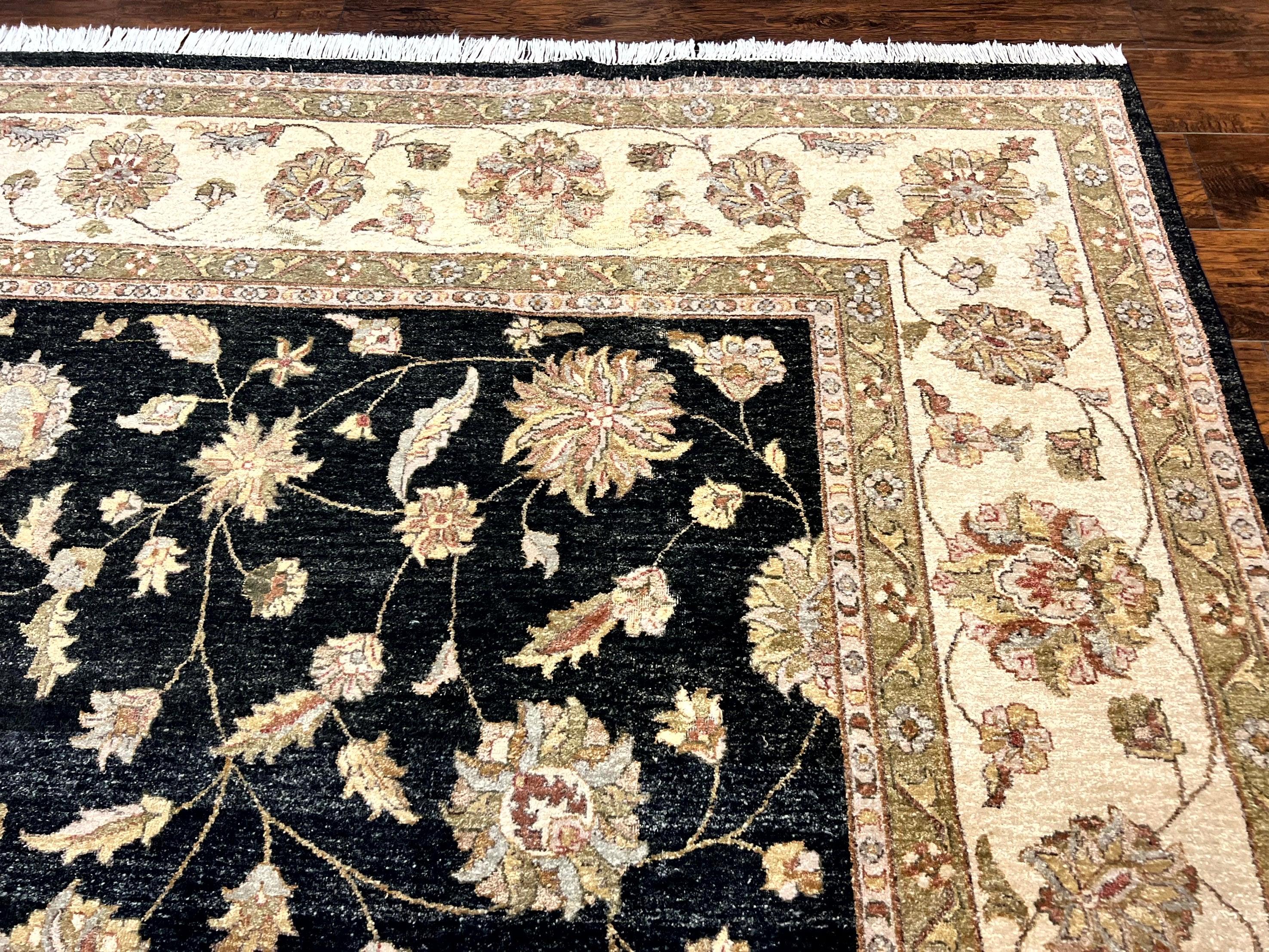 Indo Persian Rug 10x14, Charcoal and Beige, Floral Allover, Handmade Vintage Wool Carpet - Jewel Rugs