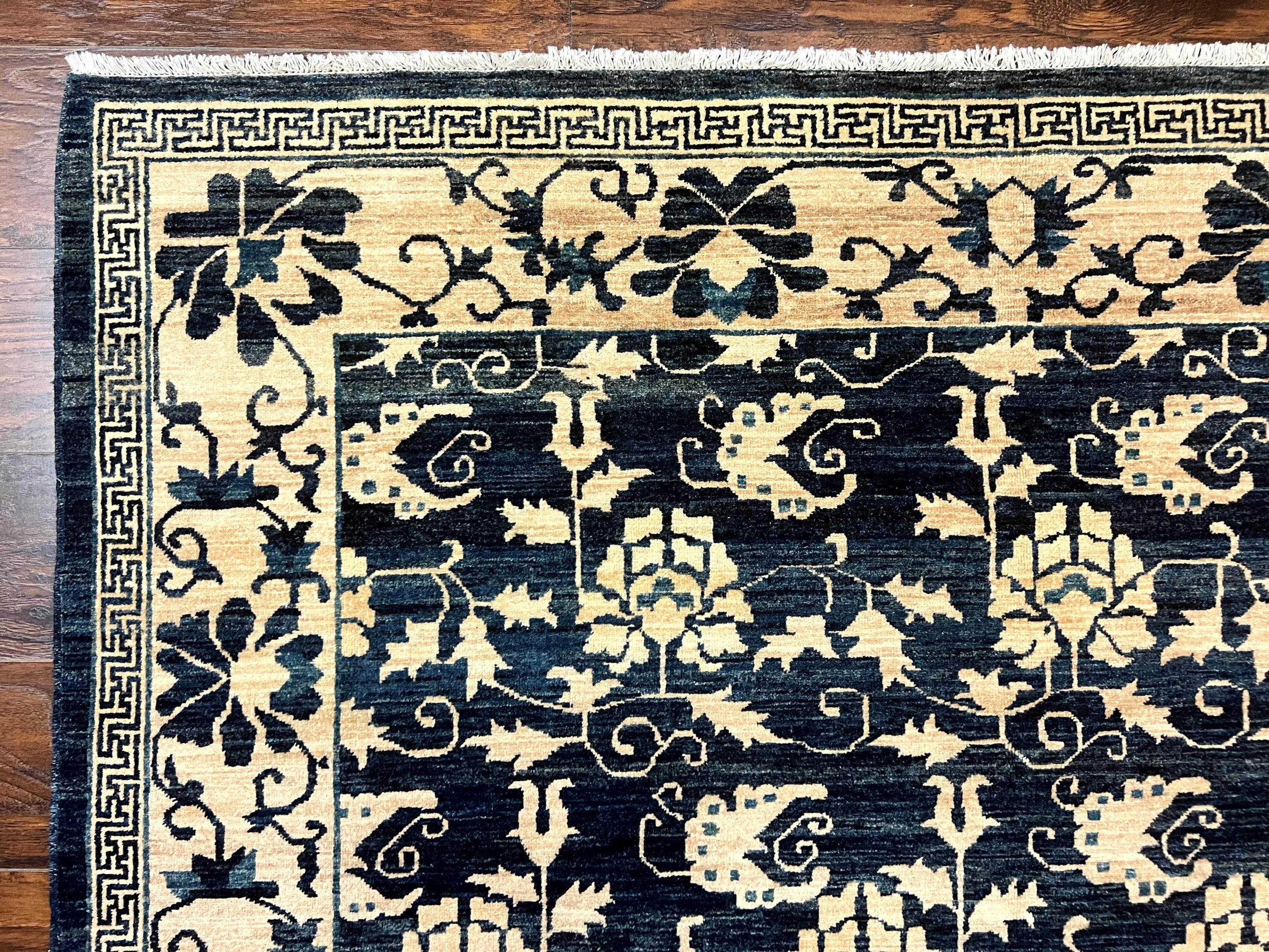 Sino Persian Rug 6x9, Hand Knotted Wool Carpet, Floral Allover, Blue Cream-Tan - Jewel Rugs