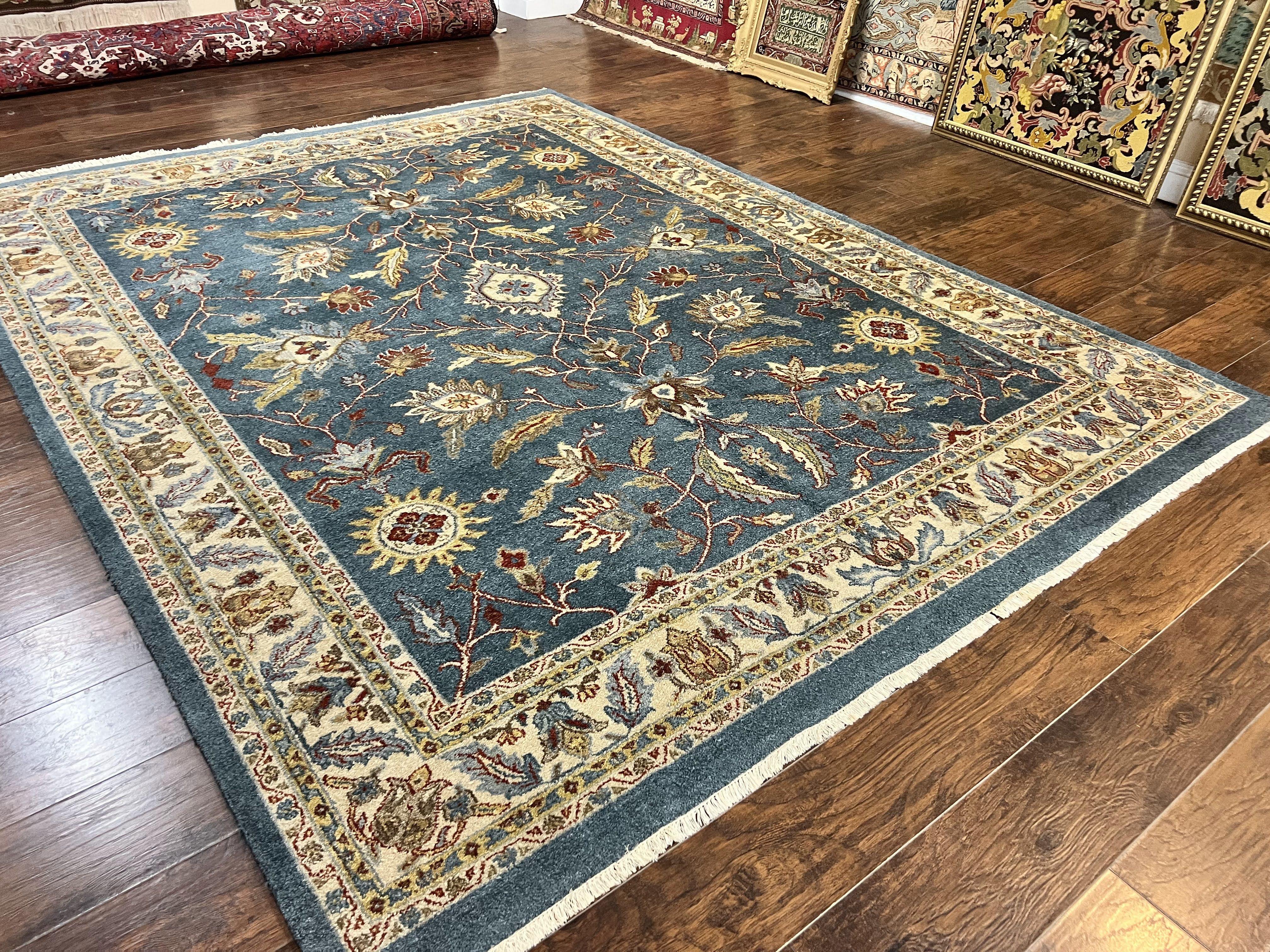 Indo Persian Rug 8x10, Blue Oriental Carpet, Floral, Handmade Vintage Wool Rug - Jewel Rugs