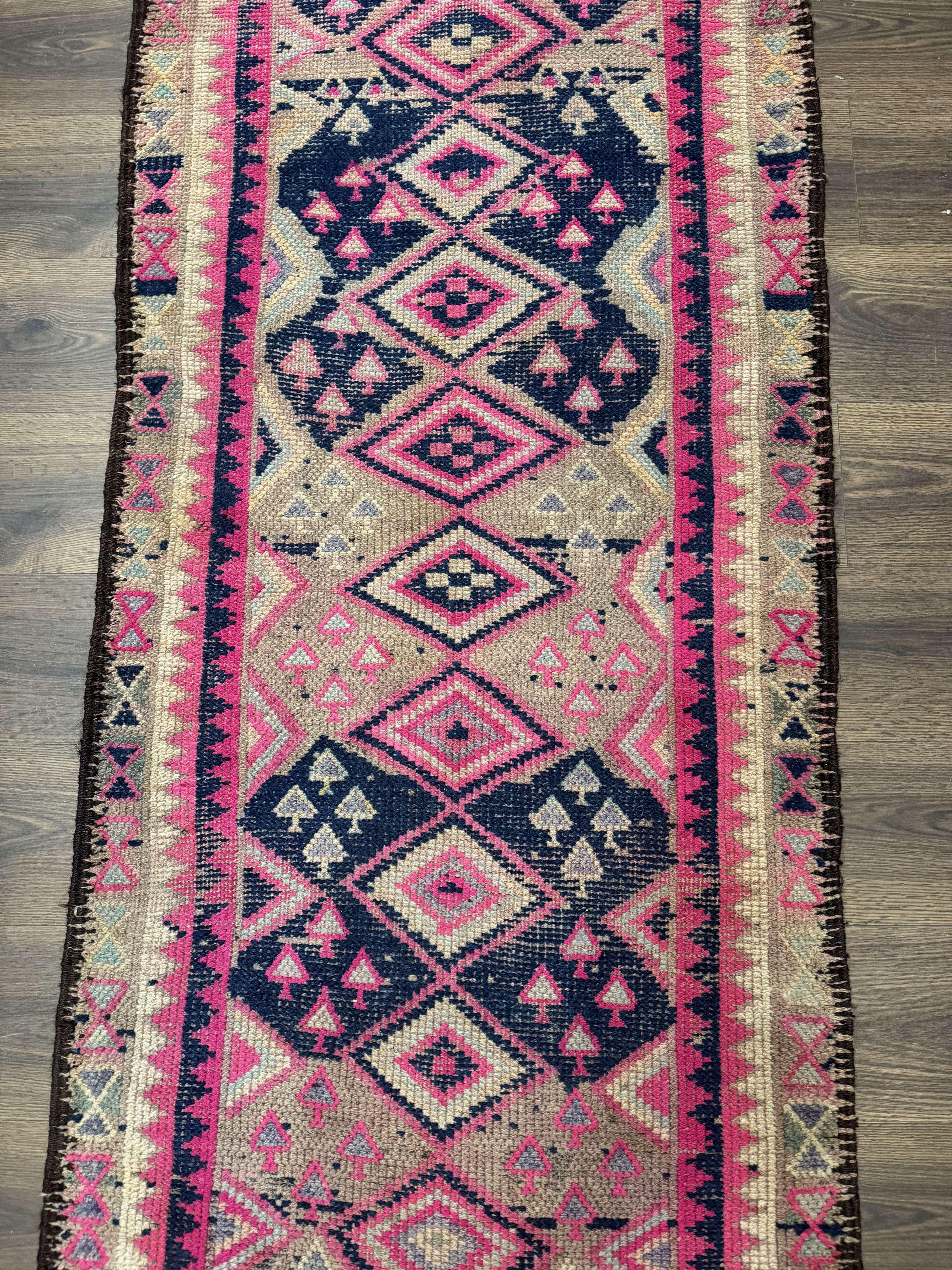 Turkish Runner Rug 3x10, Pink and Navy Blue, Bohemian Runner for Hallway or Kitchen, Vintage, Geometric, Tribal - Jewel Rugs