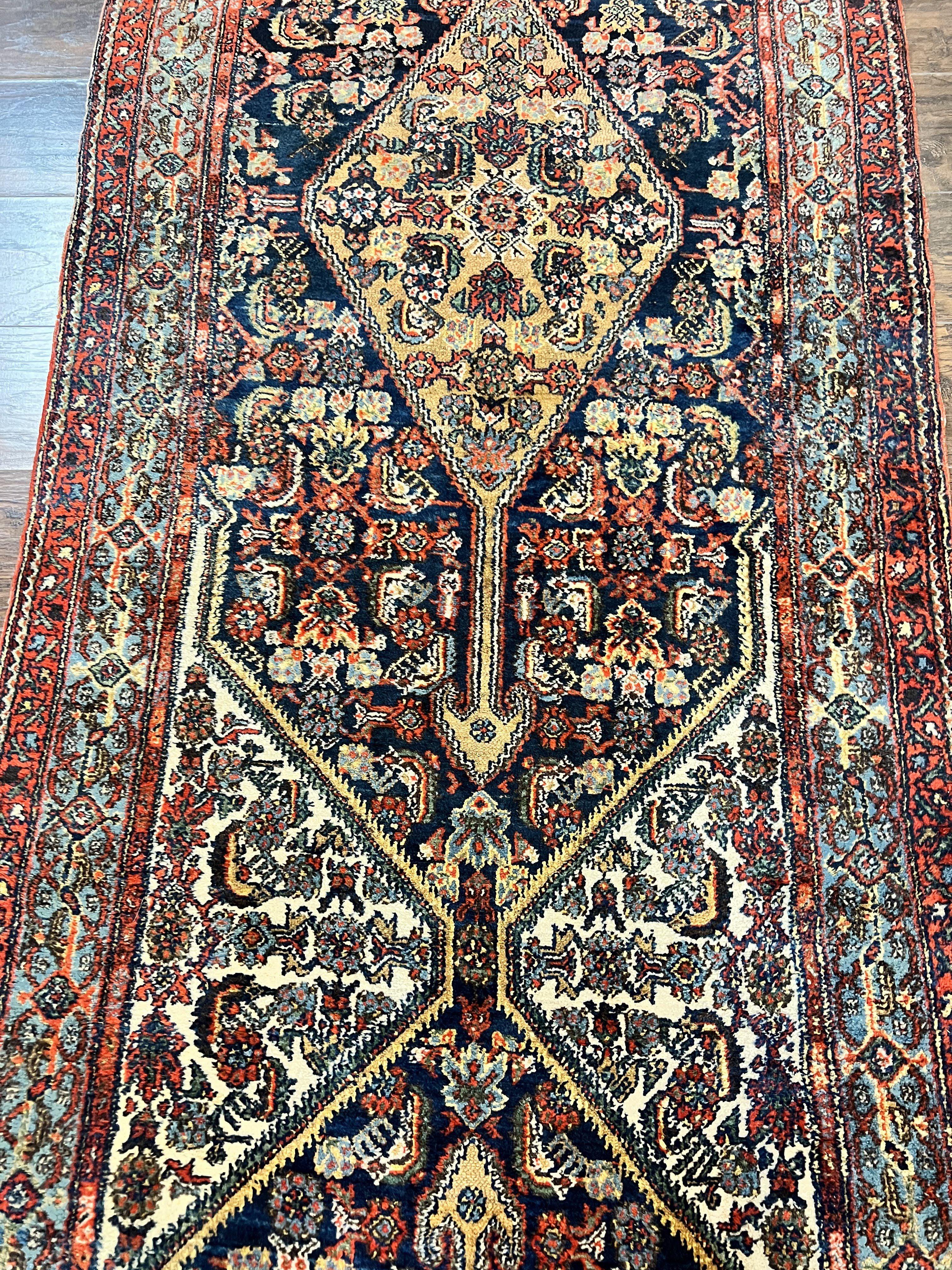 Antique Persian Runner Rug 3.7 x 15.8, Navy Blue Multicolor, Hand Knotted Handmade Wool Rug for Hallway, Geometric Medallions, Persian Hamadan Rug - Jewel Rugs