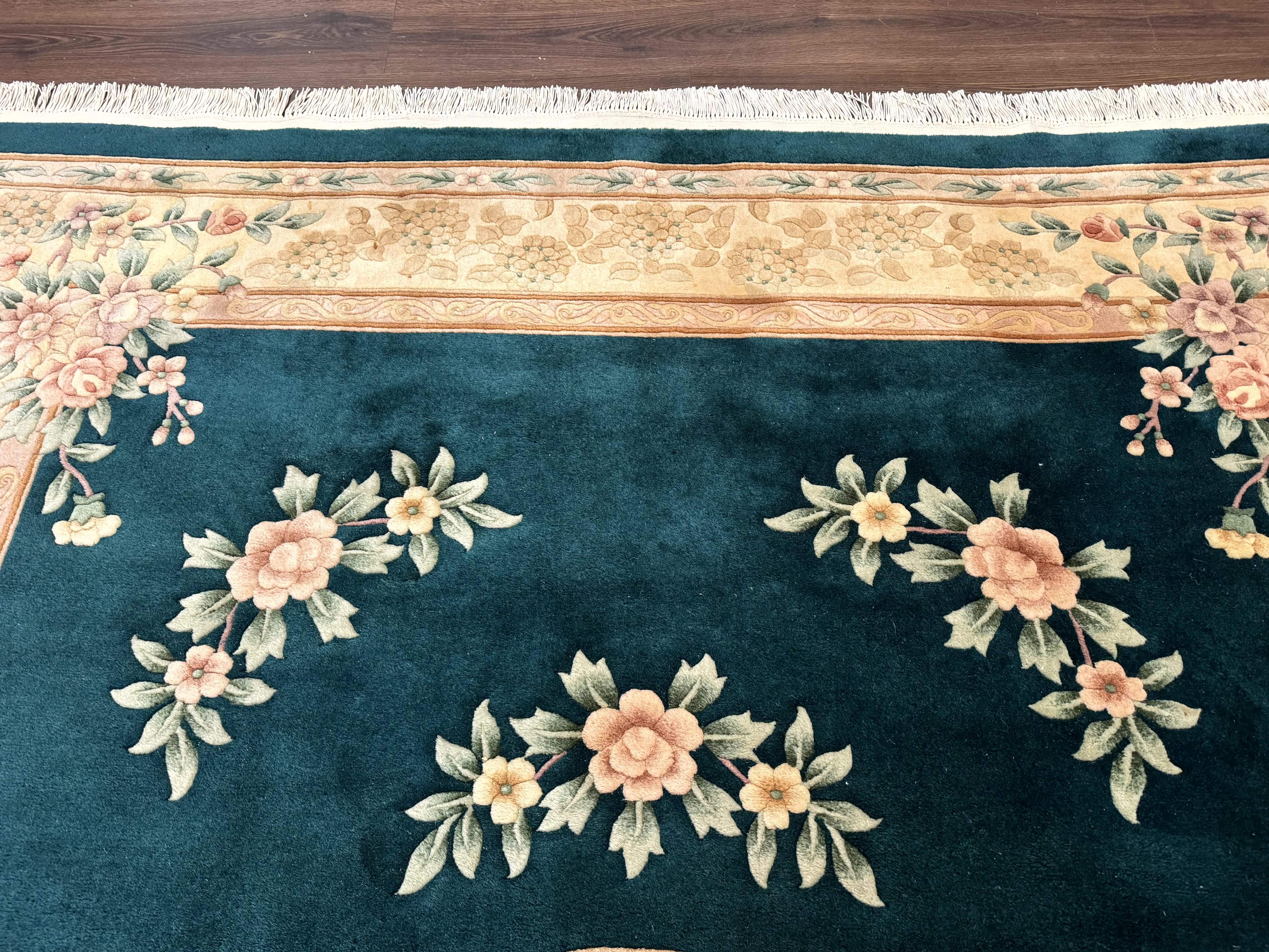 Chinese Wool Rug 8x10, Floral, Soft Thick Pile, Chinese Aubusson 90 Line Rug, Dark Teal and Beige - Jewel Rugs