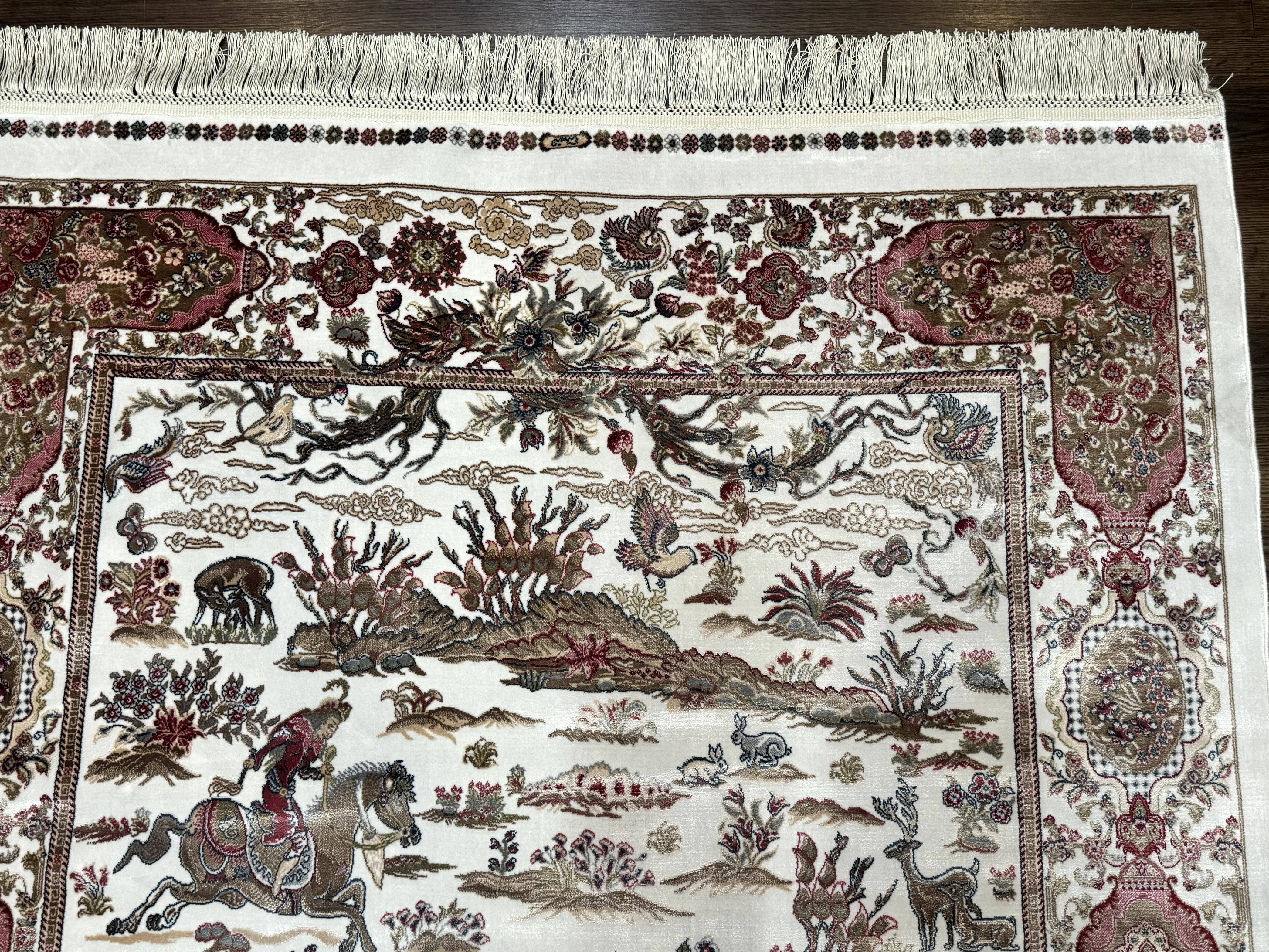 Turkish Silk Hunting Scene Rug 4x6, Ivory, Bamboo Silk, New - Jewel Rugs