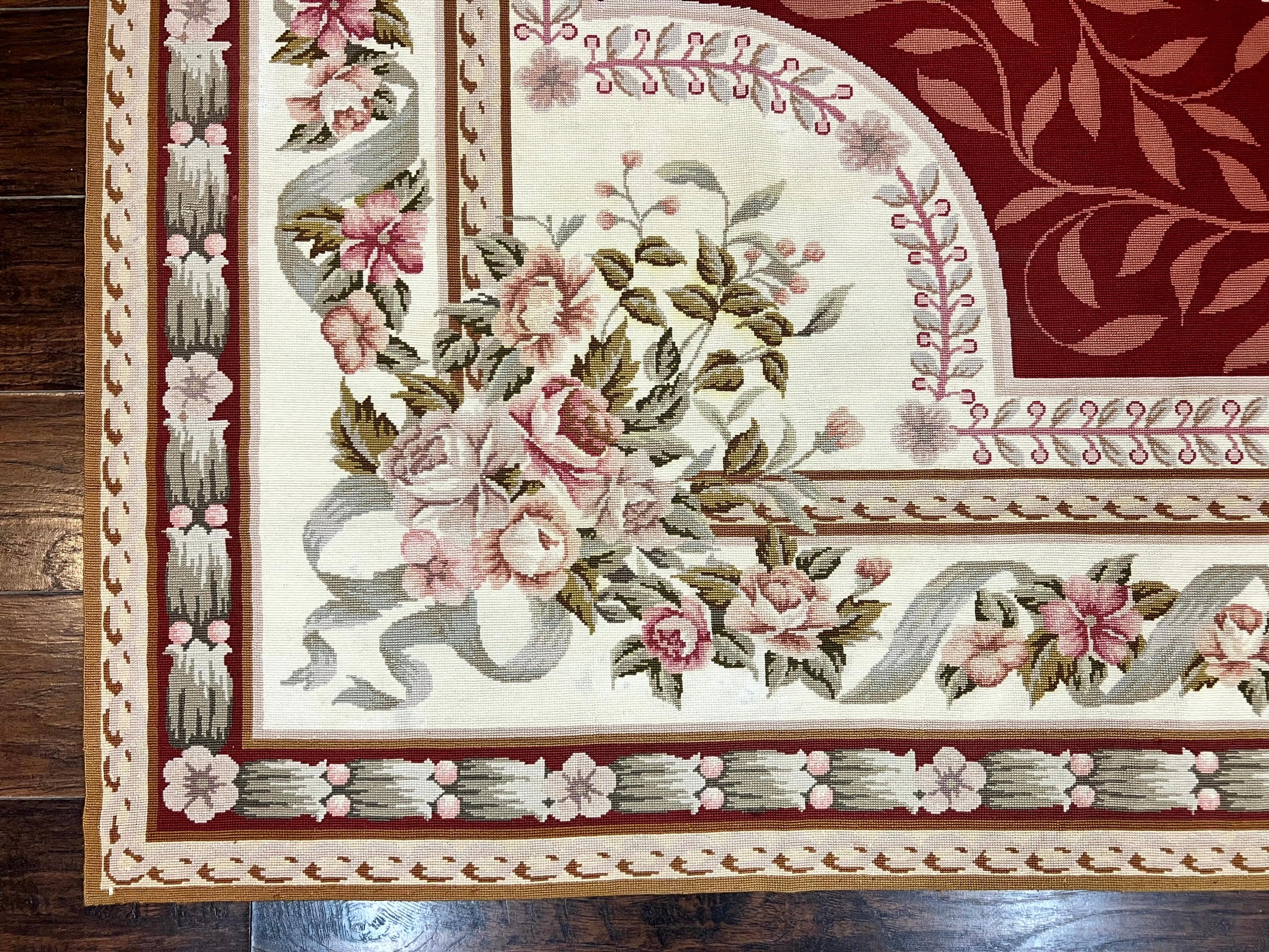 Wonderful Aubusson Rug 9x12, Handmade Vintage Needlepoint Carpet, Red and Ivory, Elegant European Design, Wool - Jewel Rugs