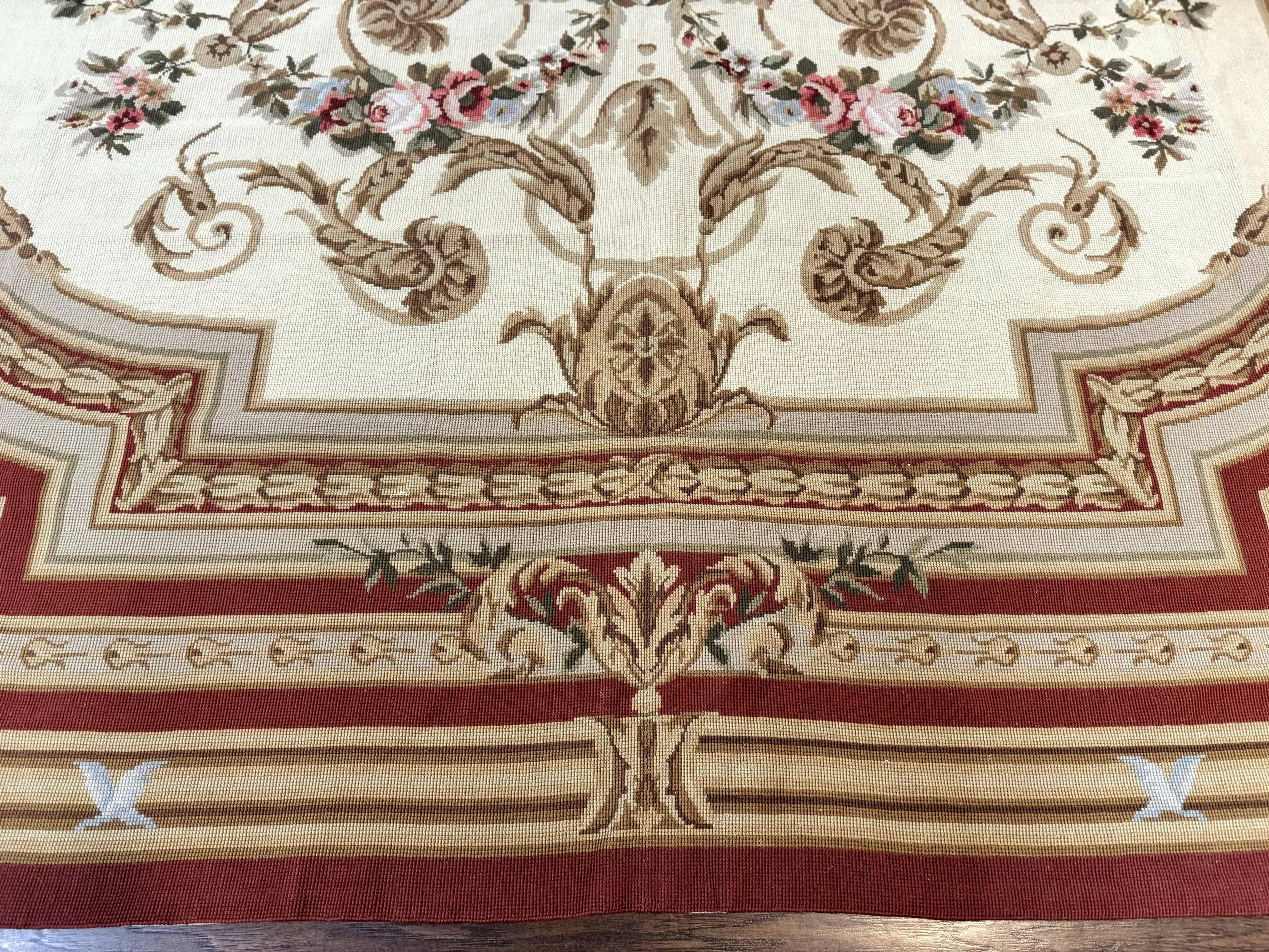 Aubusson Needlepoint Rug 9x11, Handmade Vintage Wool Flatweave Carpet, Elegant European Rug, Floral, Cream - Jewel Rugs