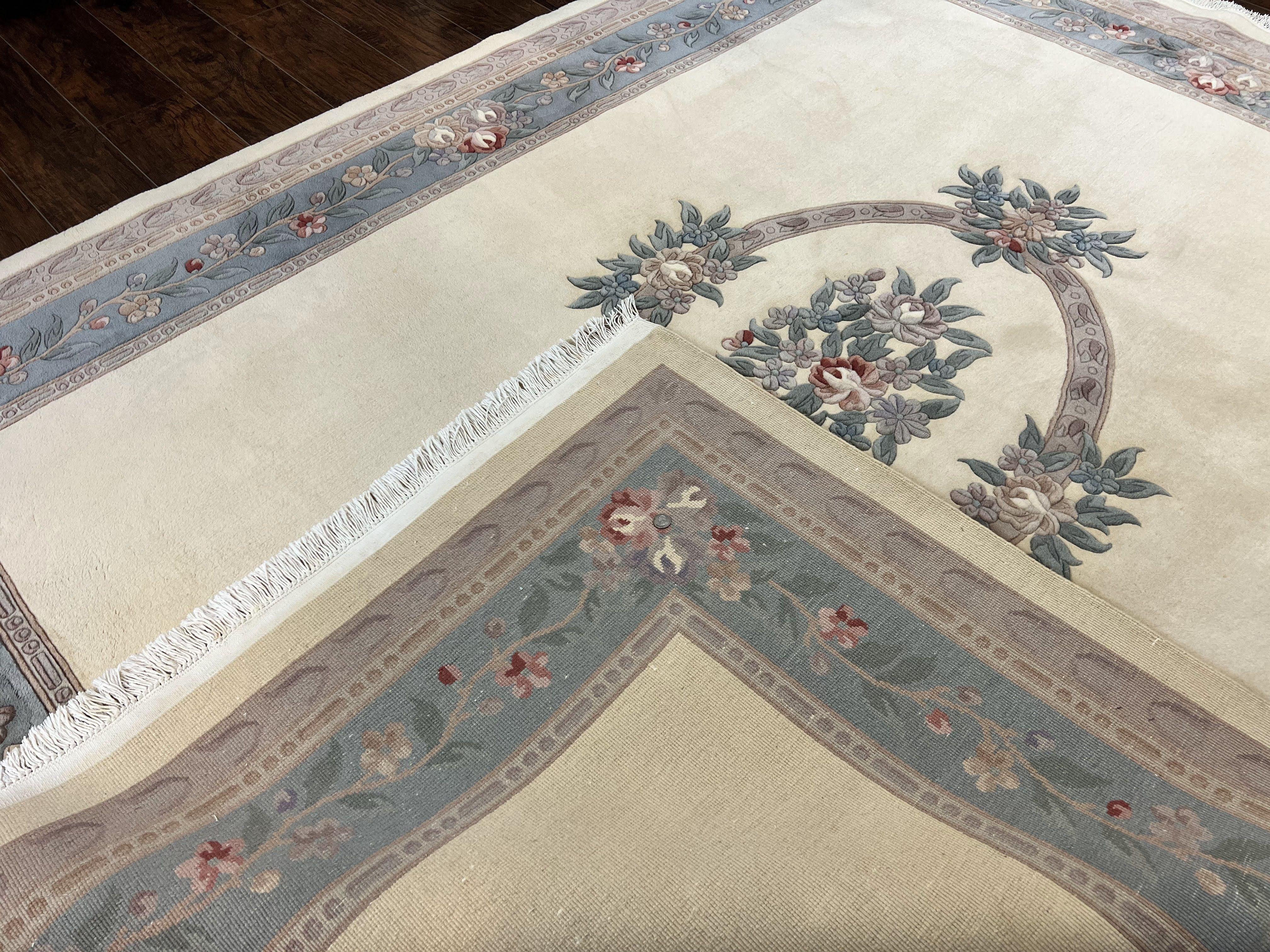 Chinese Carving Rug 8x10, Chinese Wool Carpet 8 x 10, Cream, 120 Line Rug, Vintage Handmade Art Deco Asian Oriental Rug, Aubusson Rug - Jewel Rugs