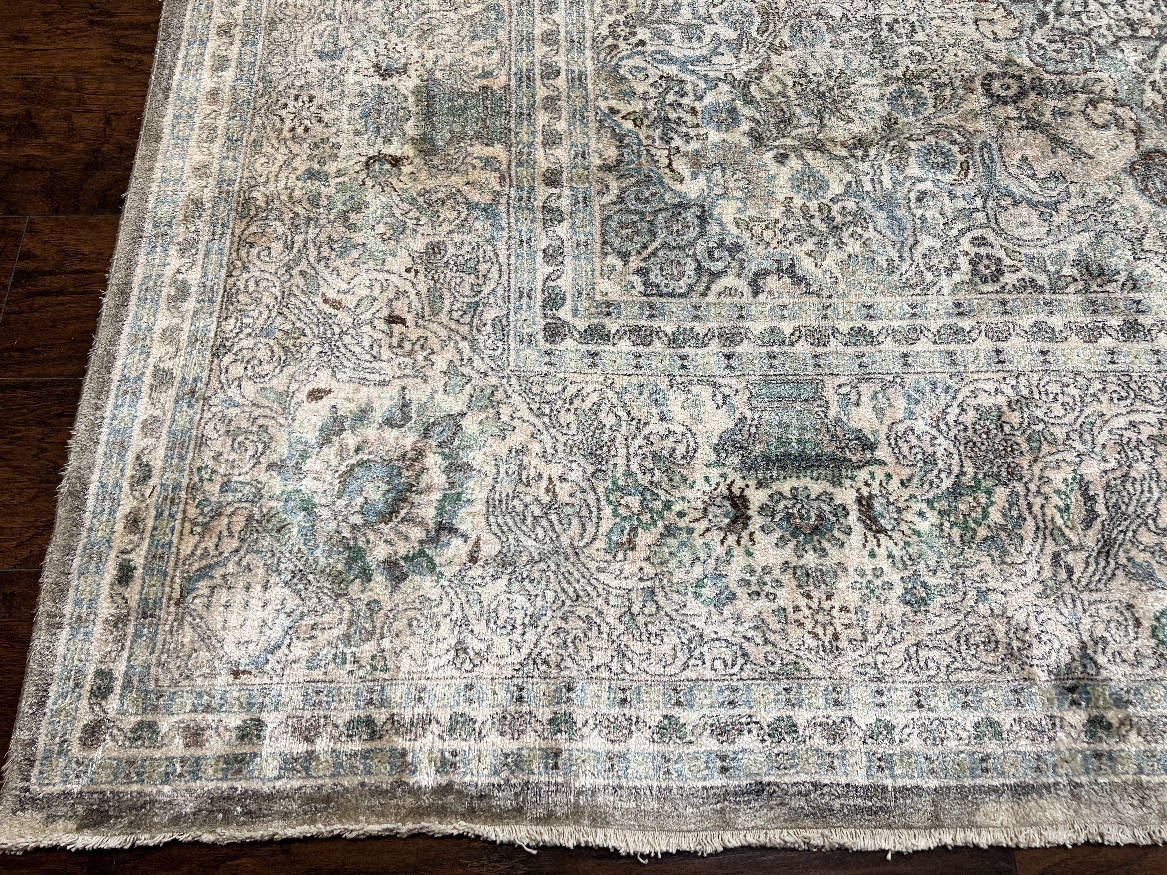 Silk Pak Persian Rug 10x14, Large Fine Silk Carpet 300 KPSI, Dark Gray, Handmade Vintage Rug, Floral, Bird Motifs - Jewel Rugs