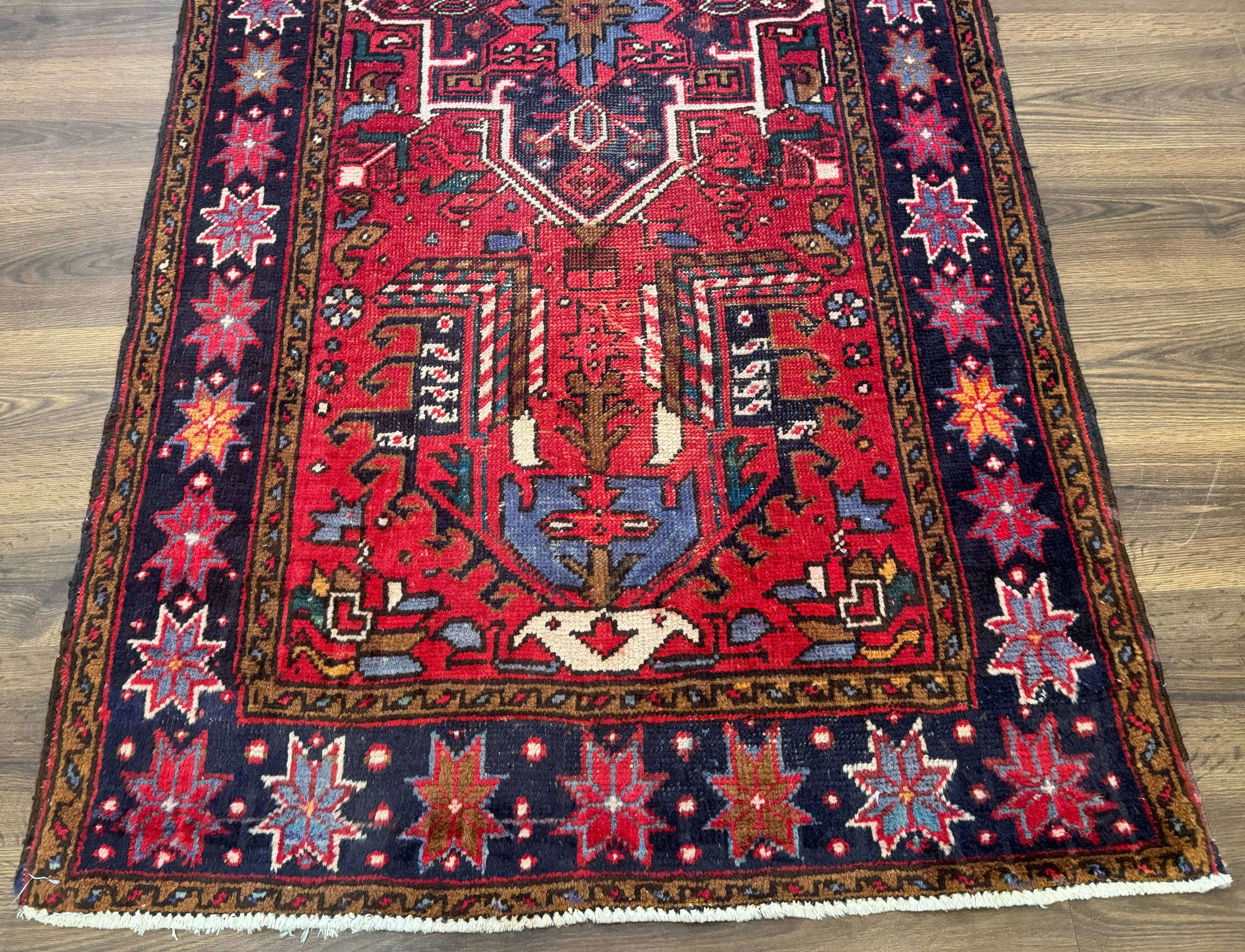 Persian Heriz Karajeh Runner Rug 3.7 x 12, Geometric Medallions, Red and Navy Blue - Jewel Rugs