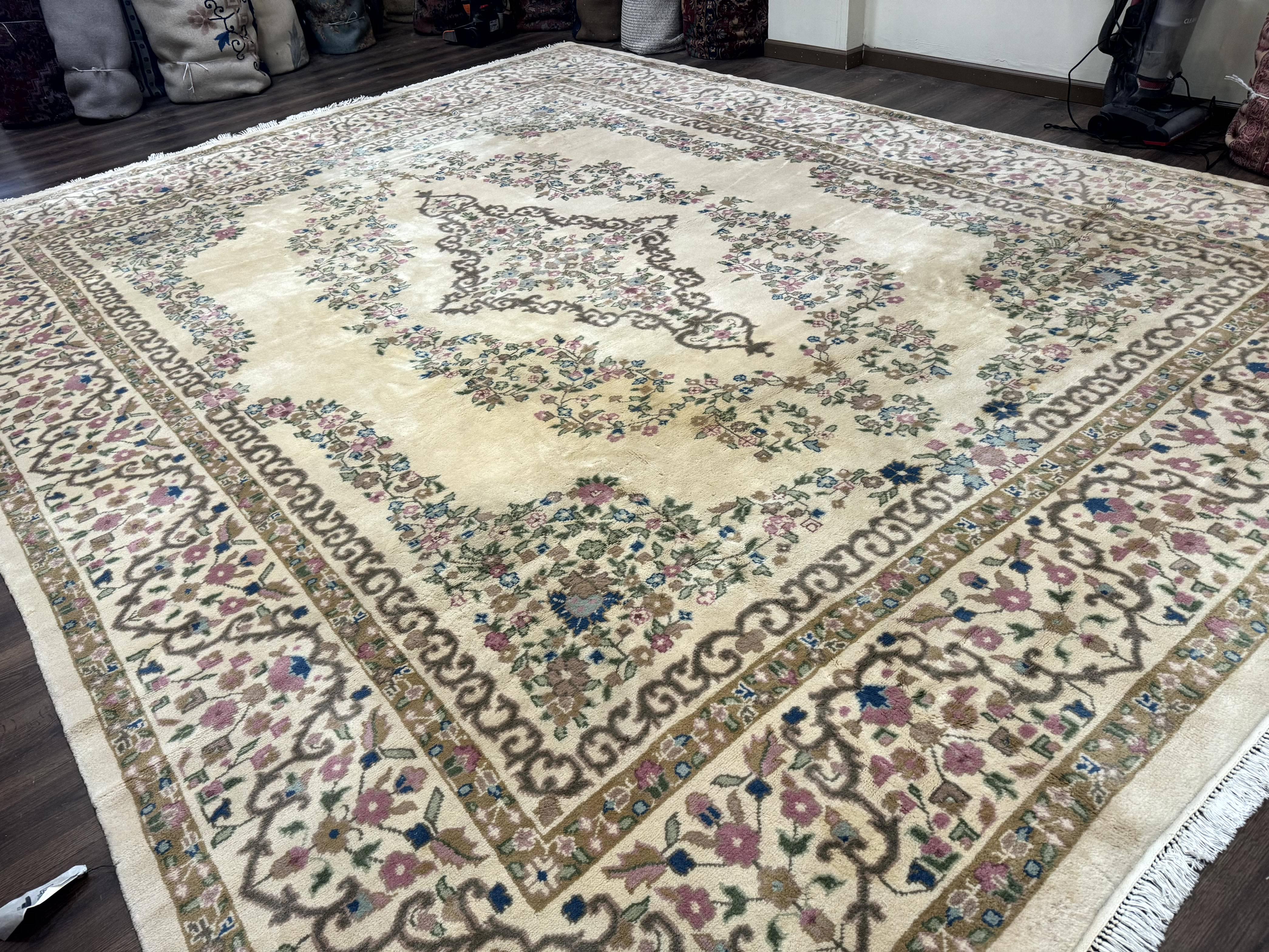 Indo Persian Rug 12x15, Palace Sized Carpet, Oversized Wool Handmade Rug, Kerman Rug, Semi Open Field, Pande Cameron Rug, Beige - Jewel Rugs