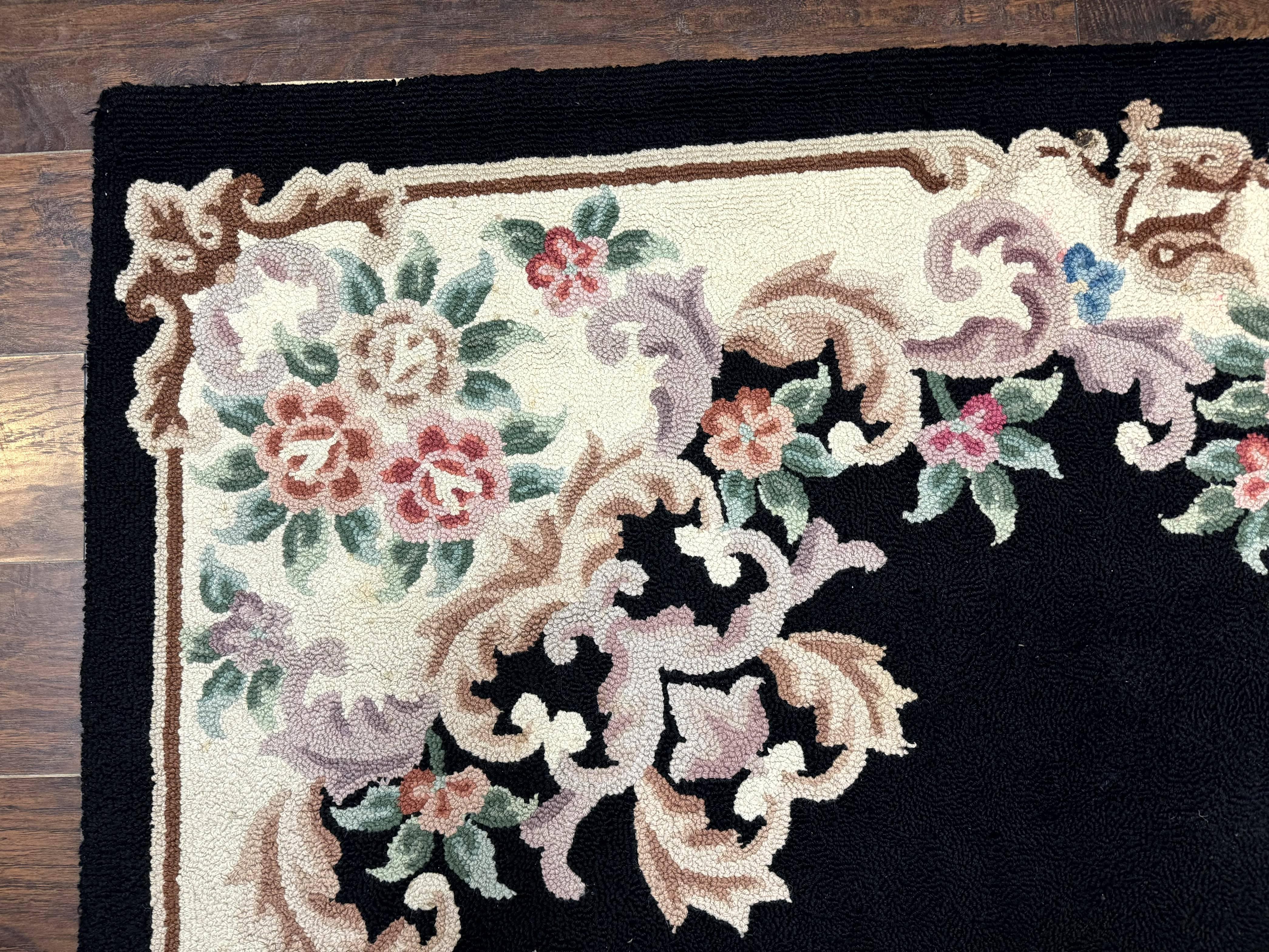 Aubusson Rug 8x11, Black and Ivory, Hooked Rug, Vintage, Wool - Jewel Rugs