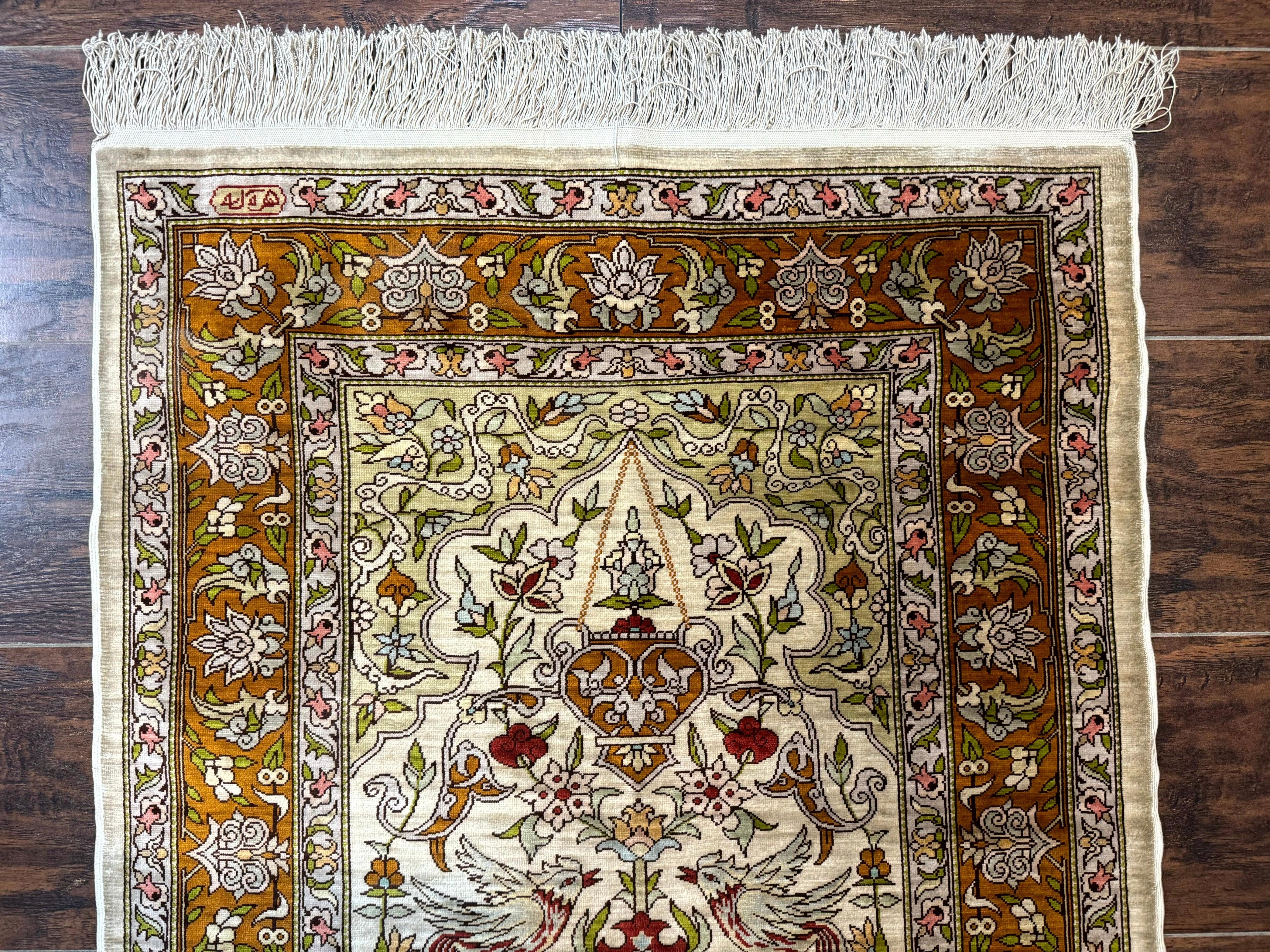 Silk Turkish Hereke Rug 2x3, Birds Lantern Very Fine 400 KPSI, Signed by Masterweaver, Wonderful, Rare, Small Hereke Rug - Jewel Rugs