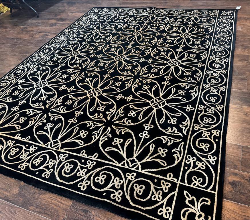 Tibetan Rug 8x10, Wool and Silk, Raised Pattern, Black and Gold, Floral - Jewel Rugs