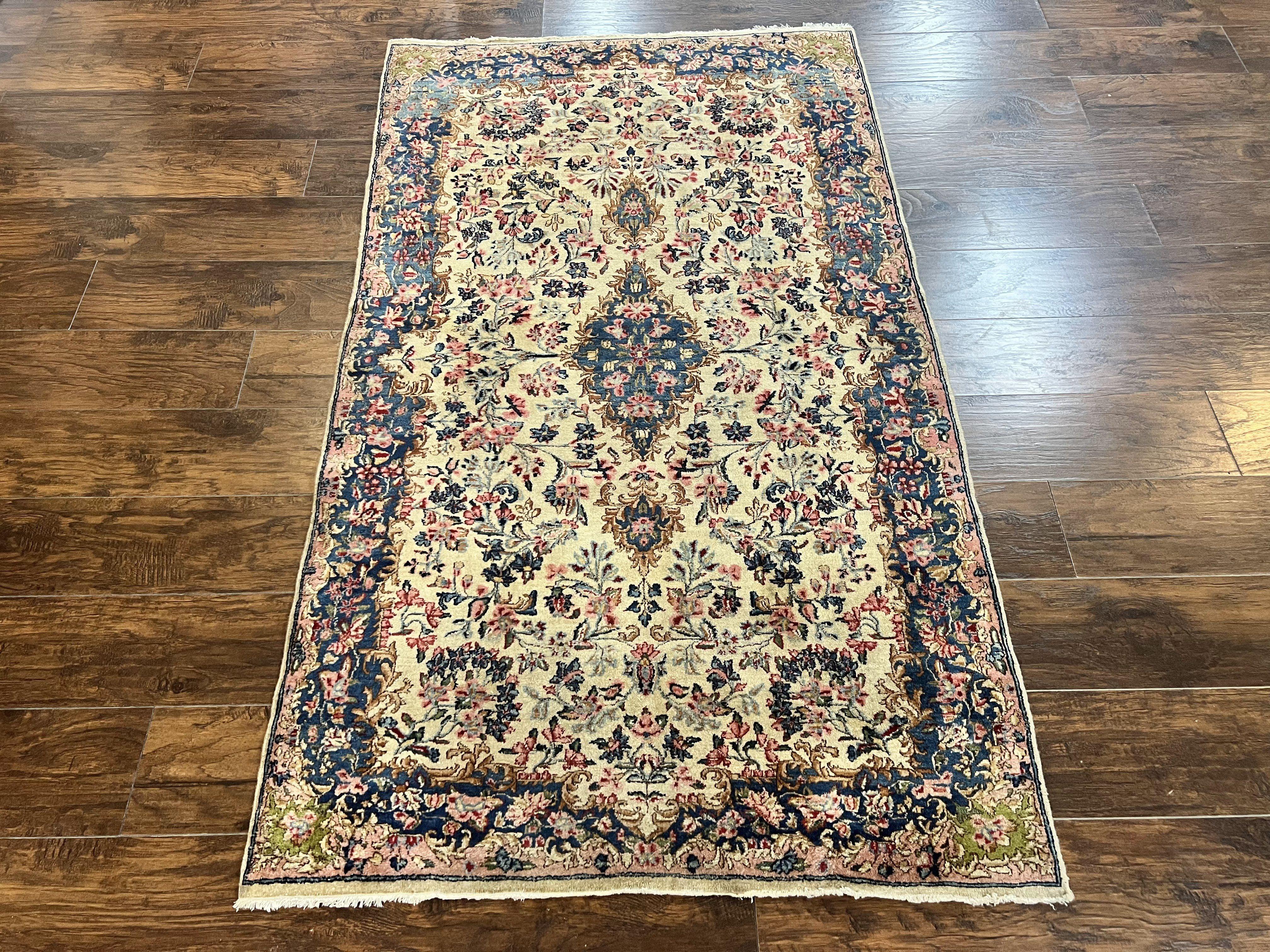 Antique Persian Kirman Rug 4x7, Cream and Navy Blue, Hand Knotted Wool Floral Carpet - Jewel Rugs
