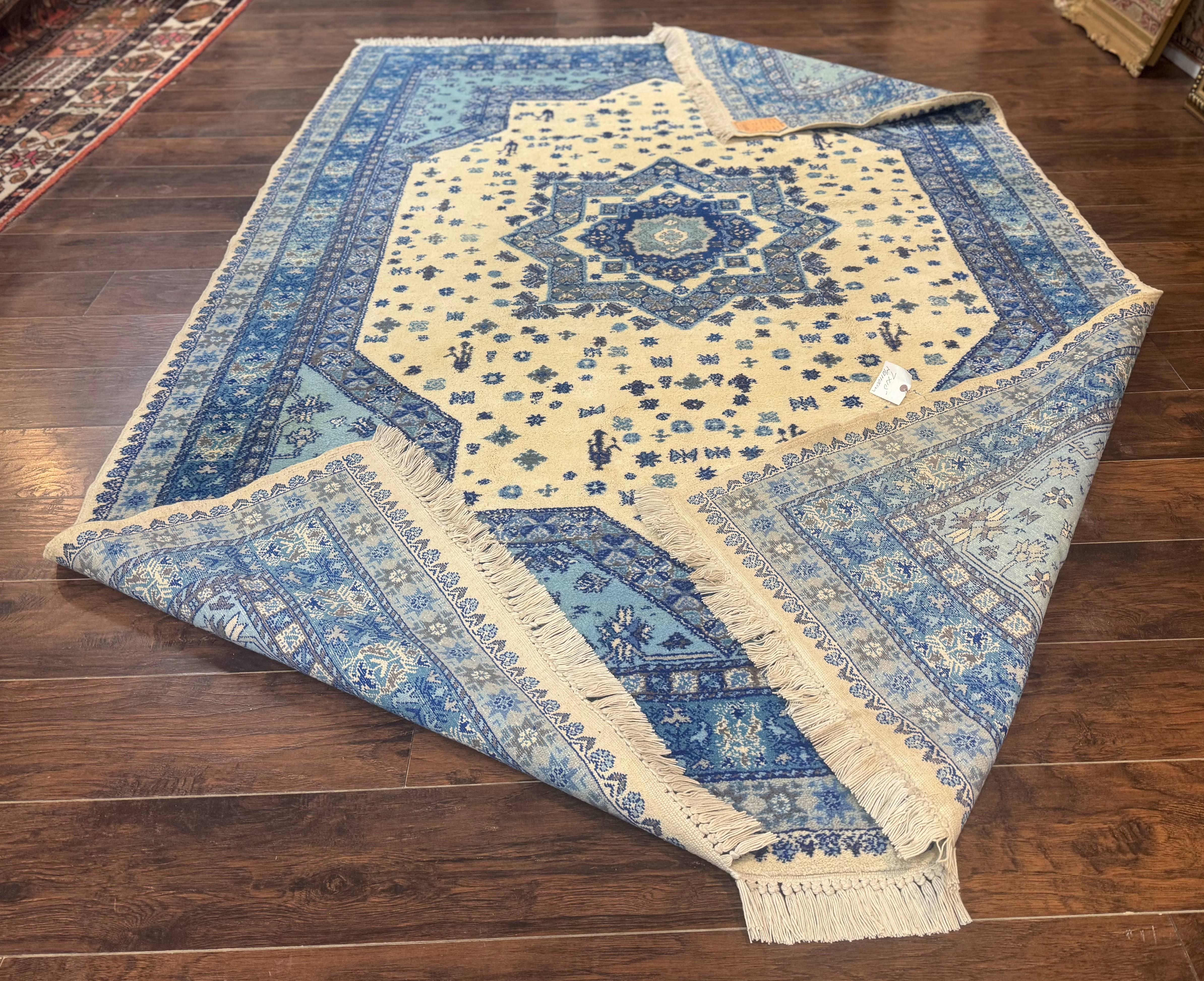Moroccan Rug 7x10, Geometric Medallion, Blue and Ivory - Jewel Rugs