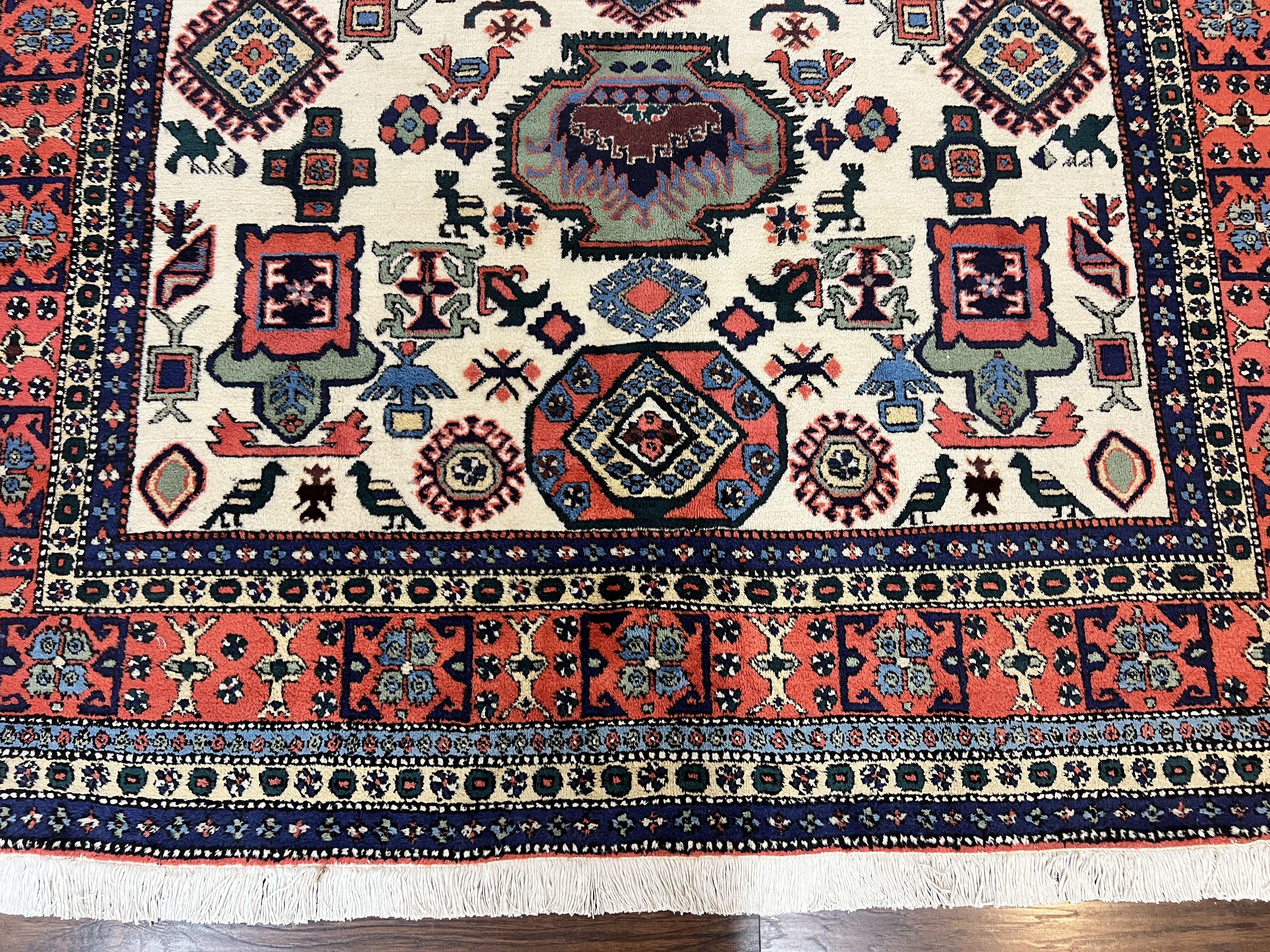 Persian Tribal Rug 8x11, Persian Ardabil Rug, Geometric Medallion Animal Pictorial Rug, Ivory Red Blue, Hand Knotted Vintage Wool Carpet - Jewel Rugs