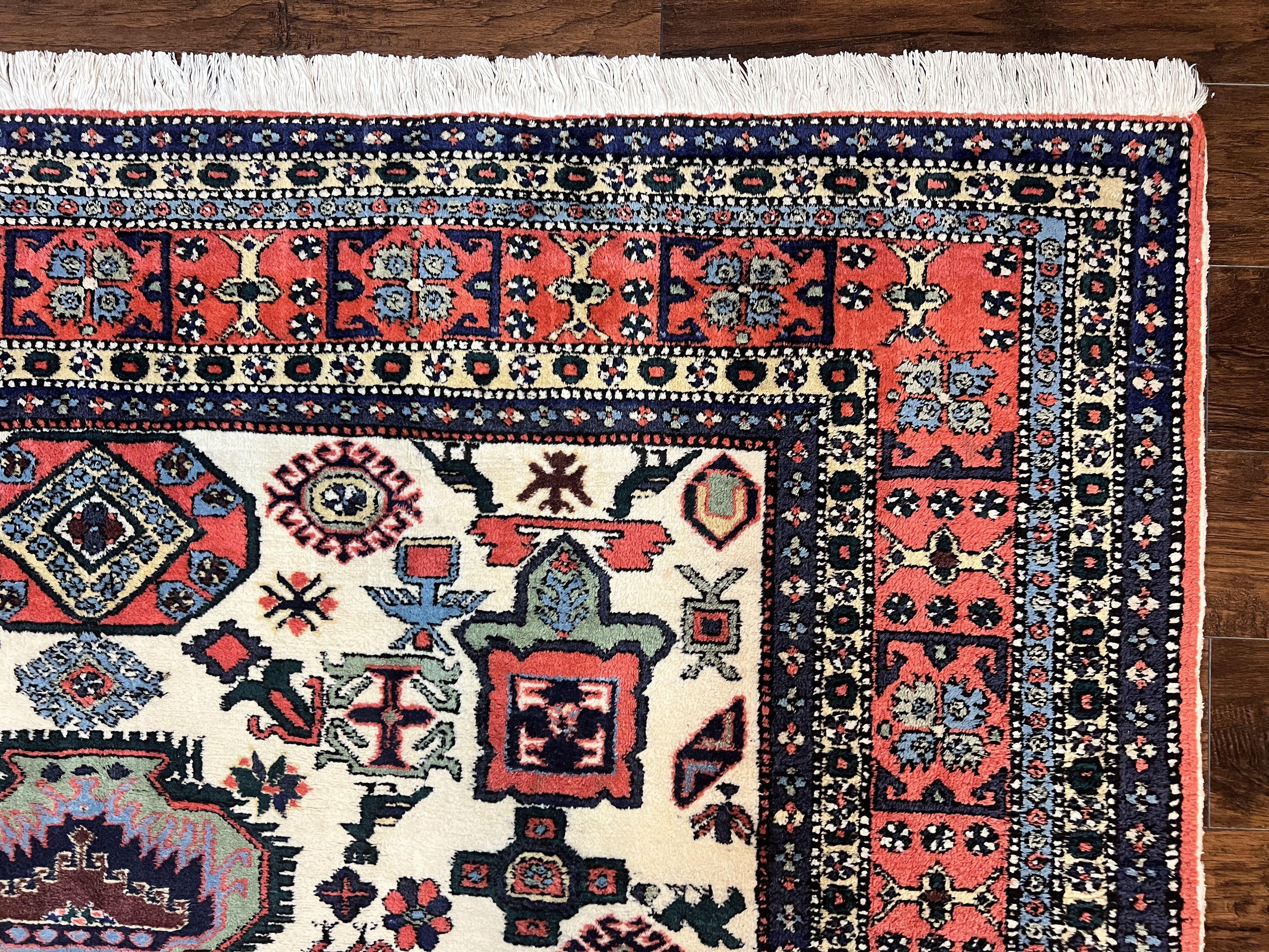 Persian Tribal Rug 8x11, Persian Ardabil Rug, Geometric Medallion Animal Pictorial Rug, Ivory Red Blue, Hand Knotted Vintage Wool Carpet - Jewel Rugs