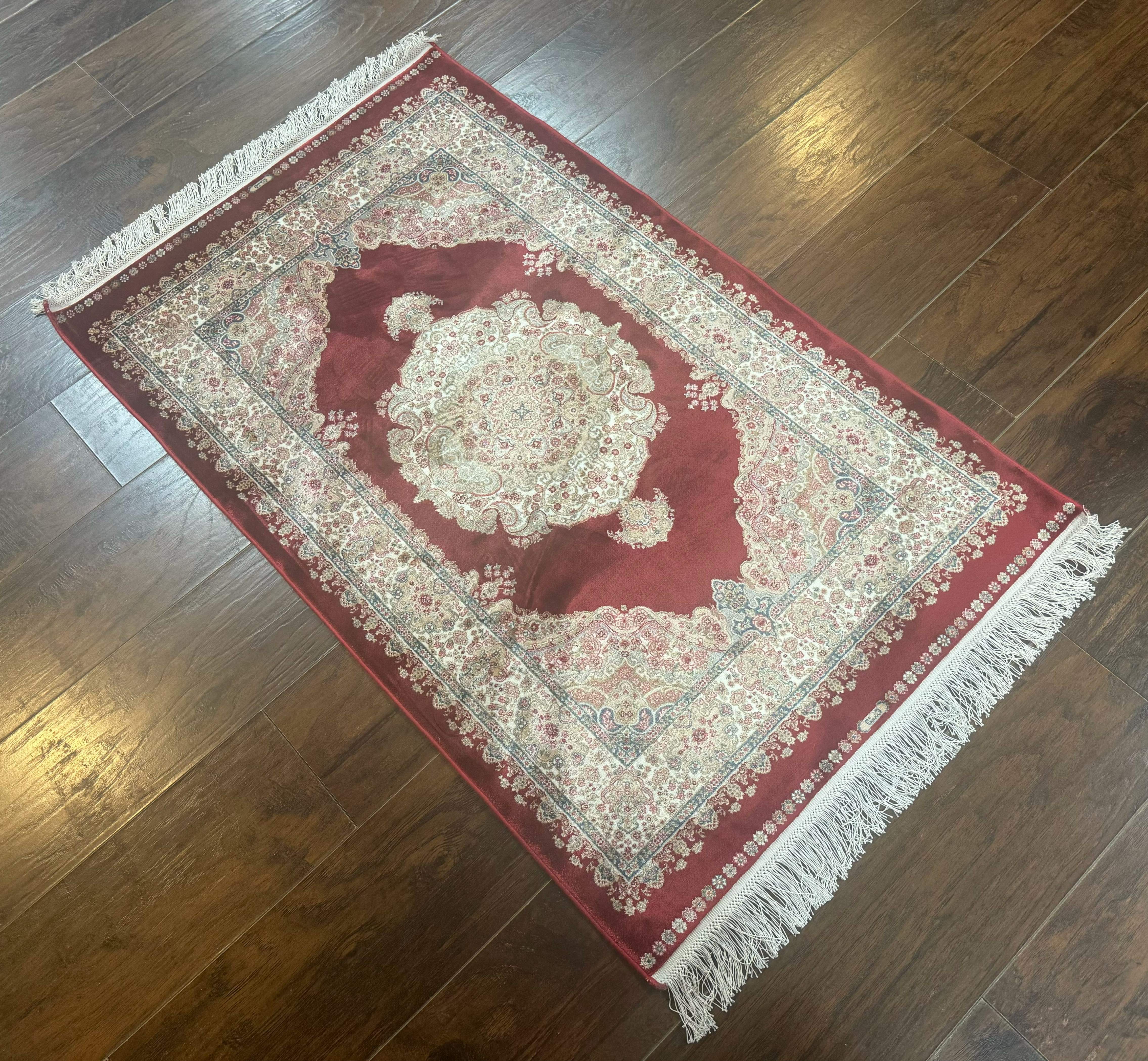 Turkish Silk Rug 2.6 x 4, Medallion, Dark Red, Fine, Bamboo Silk - Jewel Rugs