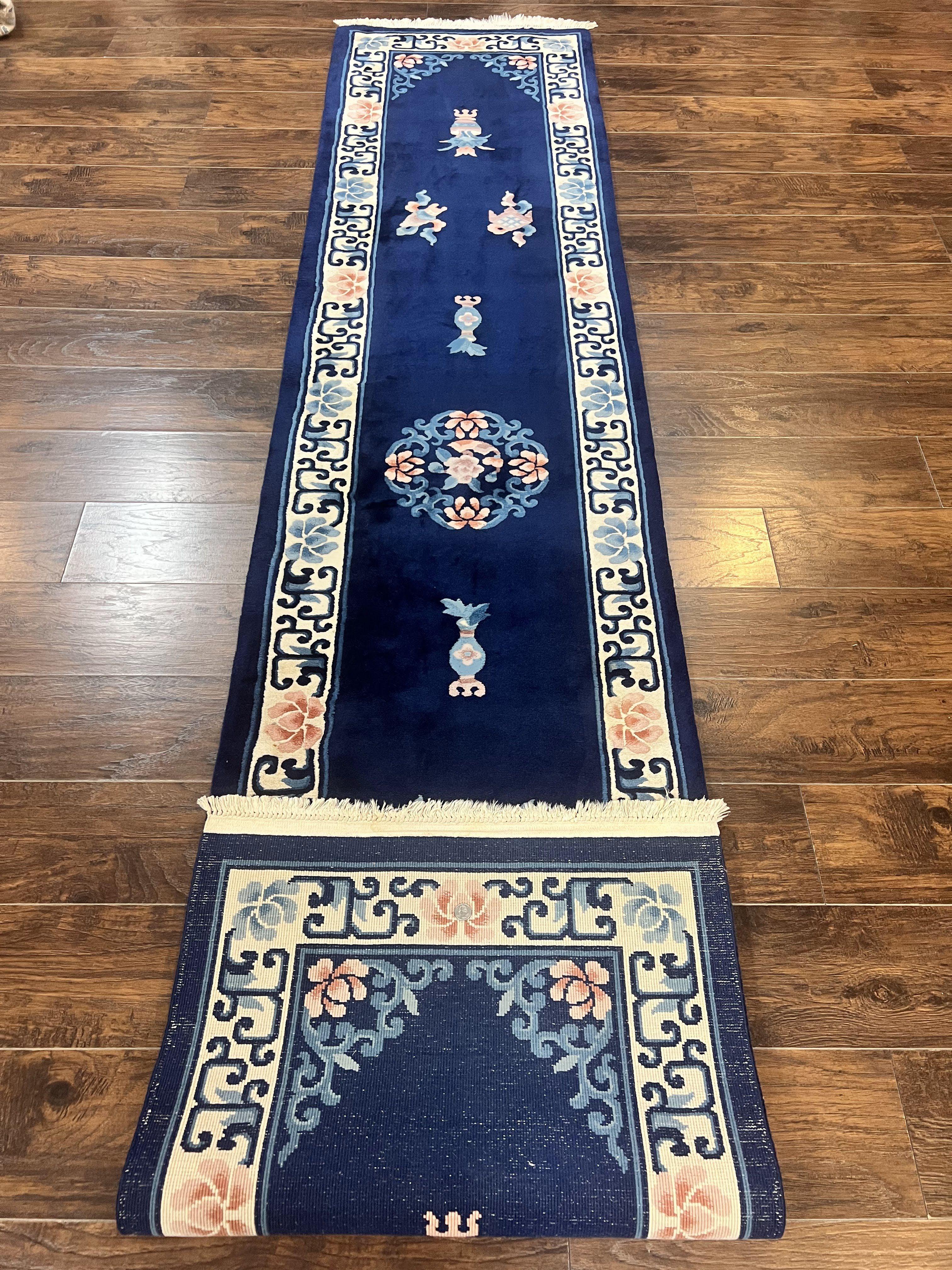 Chinese Wool Runner Rug 2.6 x 12, Blue and Beige, Handmade Vintage Wool Rug for Hallway, 12ft Runner, Asian Oriental Art Deco 90 Line Rug - Jewel Rugs