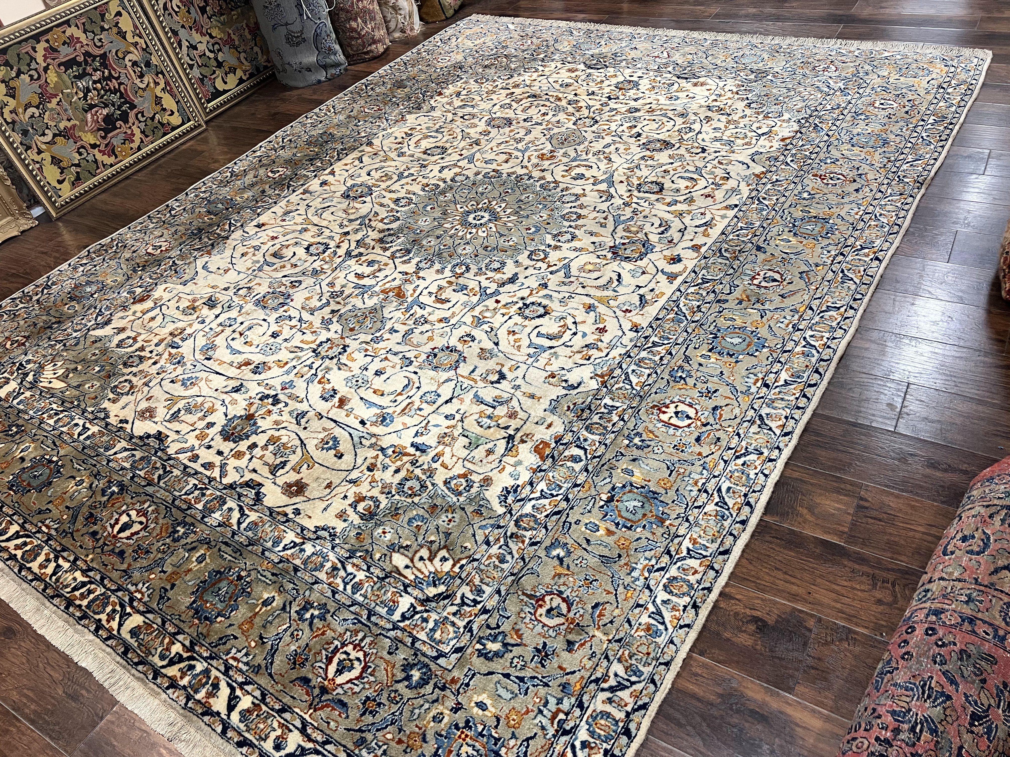 Persian Kashan Rug 10x13, Floral Medallion, Cream, Hand Knotted Antique Persian Carpet, Large Wool Rug - Jewel Rugs