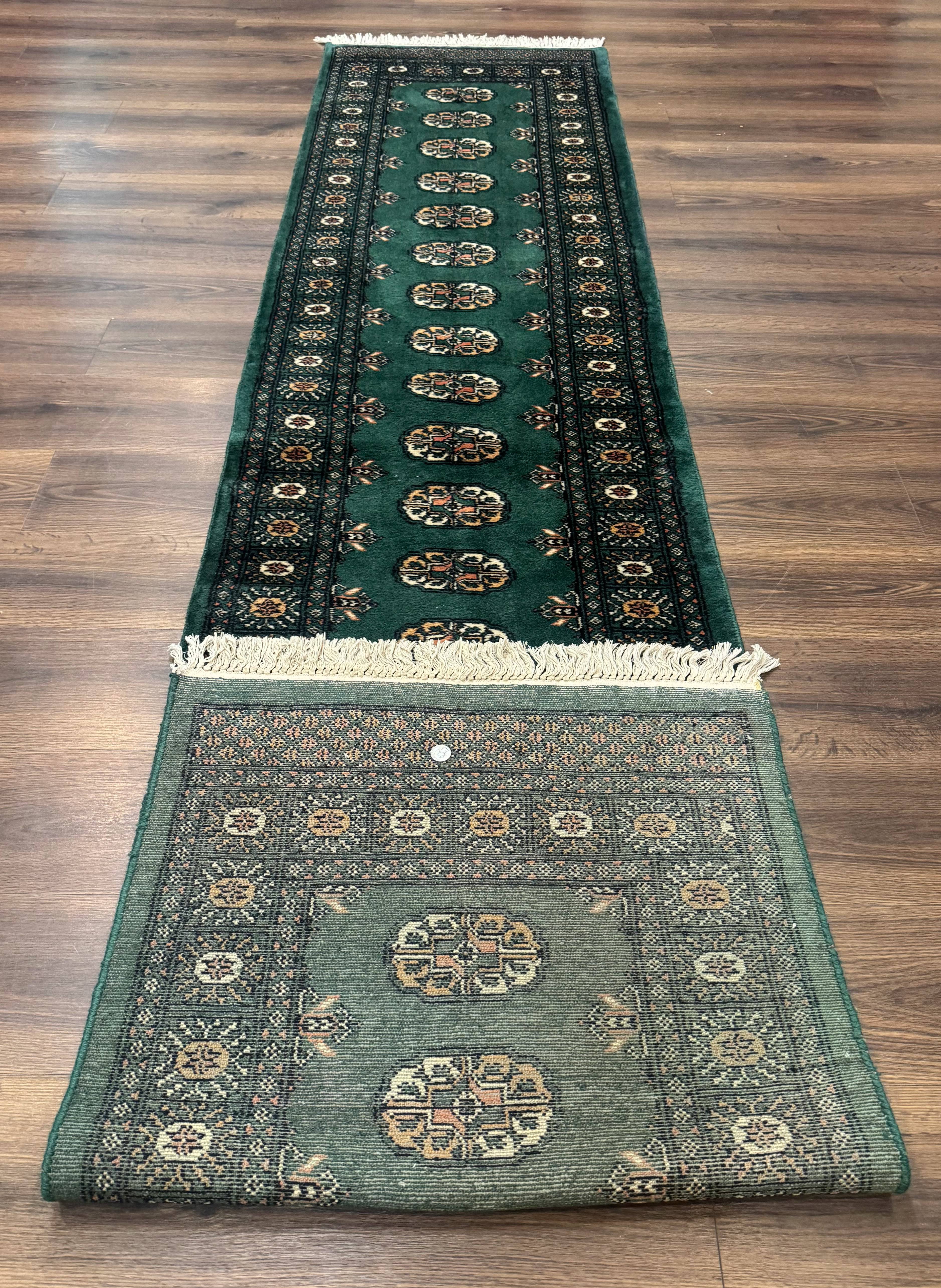 Pakistani Bokhara Runner Rug 2.5 x 11, Green Turkoman Wool Runner for Hallway - Jewel Rugs