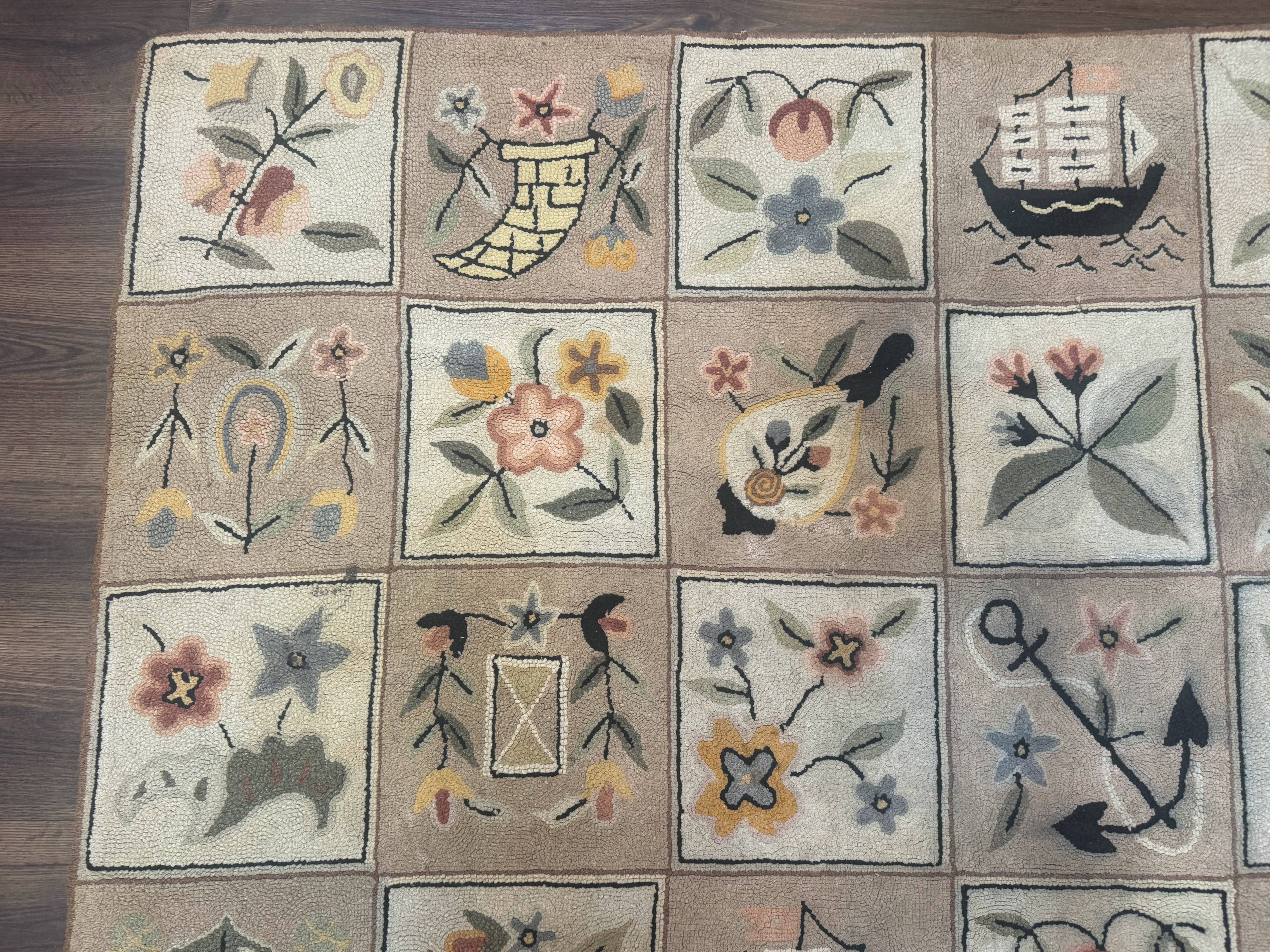 American Hooked Rug 6x9, Panel Design, Vintage, Ivory & Soft Pink - Jewel Rugs