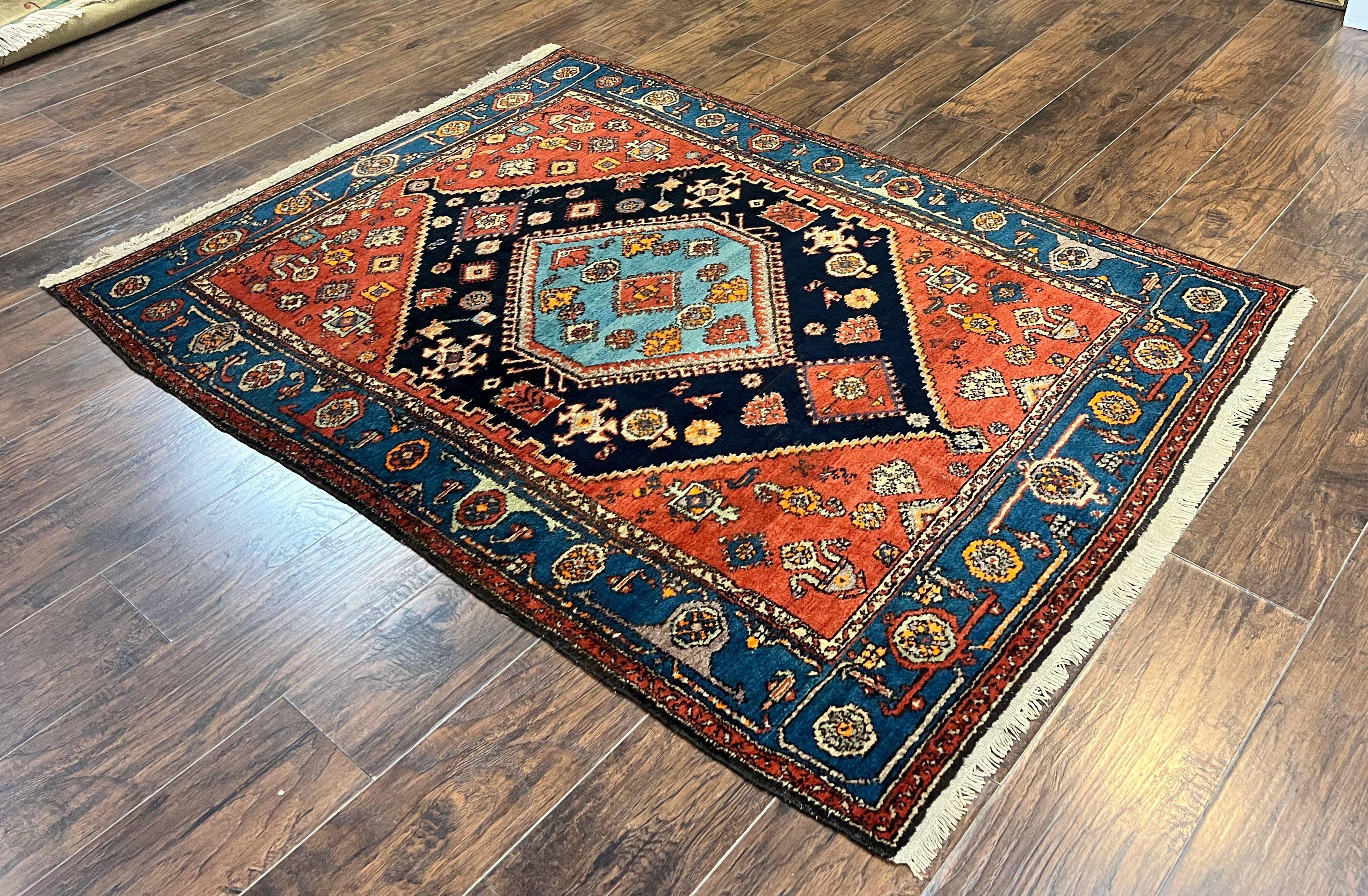 Antique Persian Hamadan Rug 4x6, Red Blue, Hand Knotted Carpet, Geometric, Tribal Rug, Wool Rug 4 x 6 - Jewel Rugs