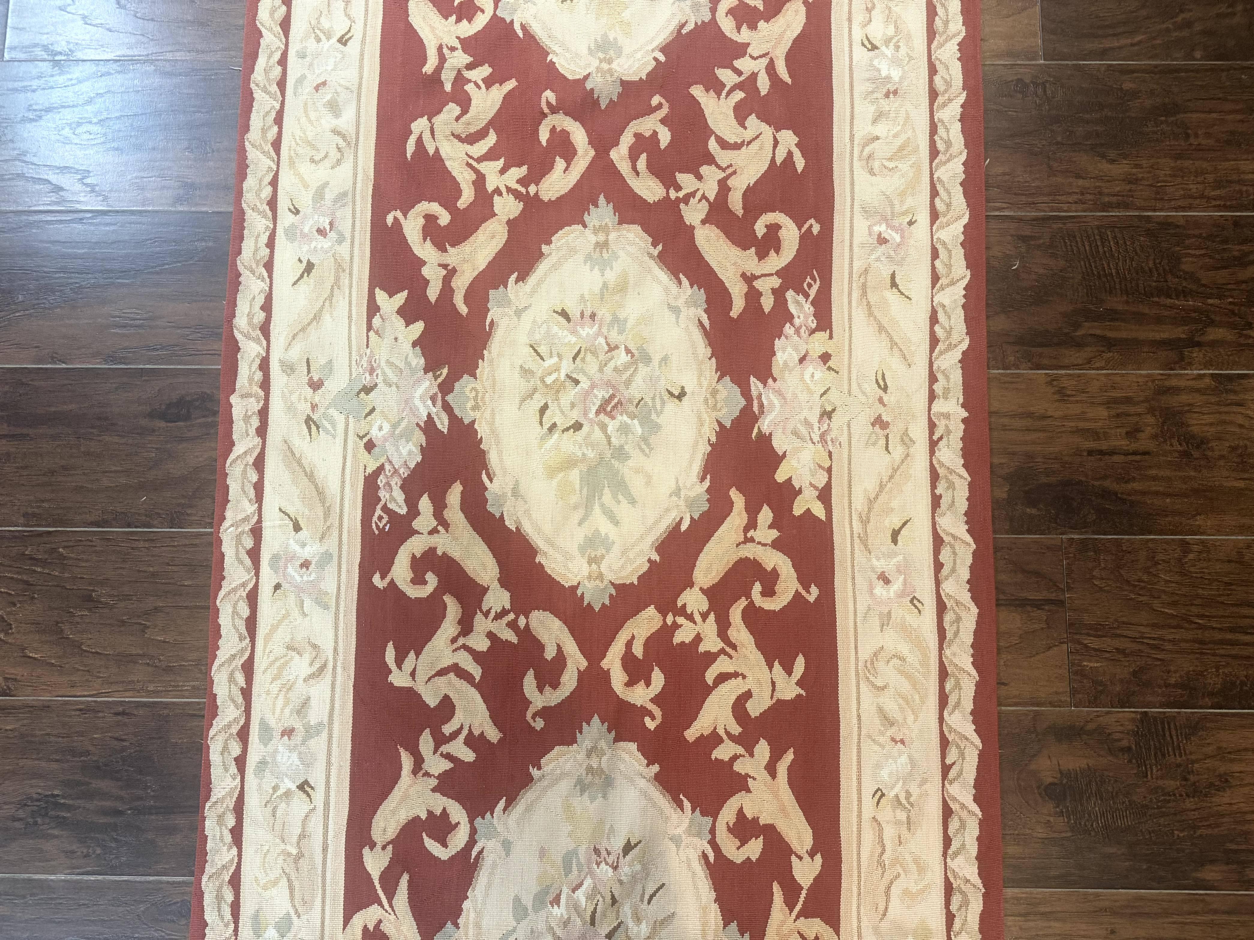 Aubusson Runner Rug 3x10, European Design, Red and Beige, Elegant, Handmade Wool Rug - Jewel Rugs
