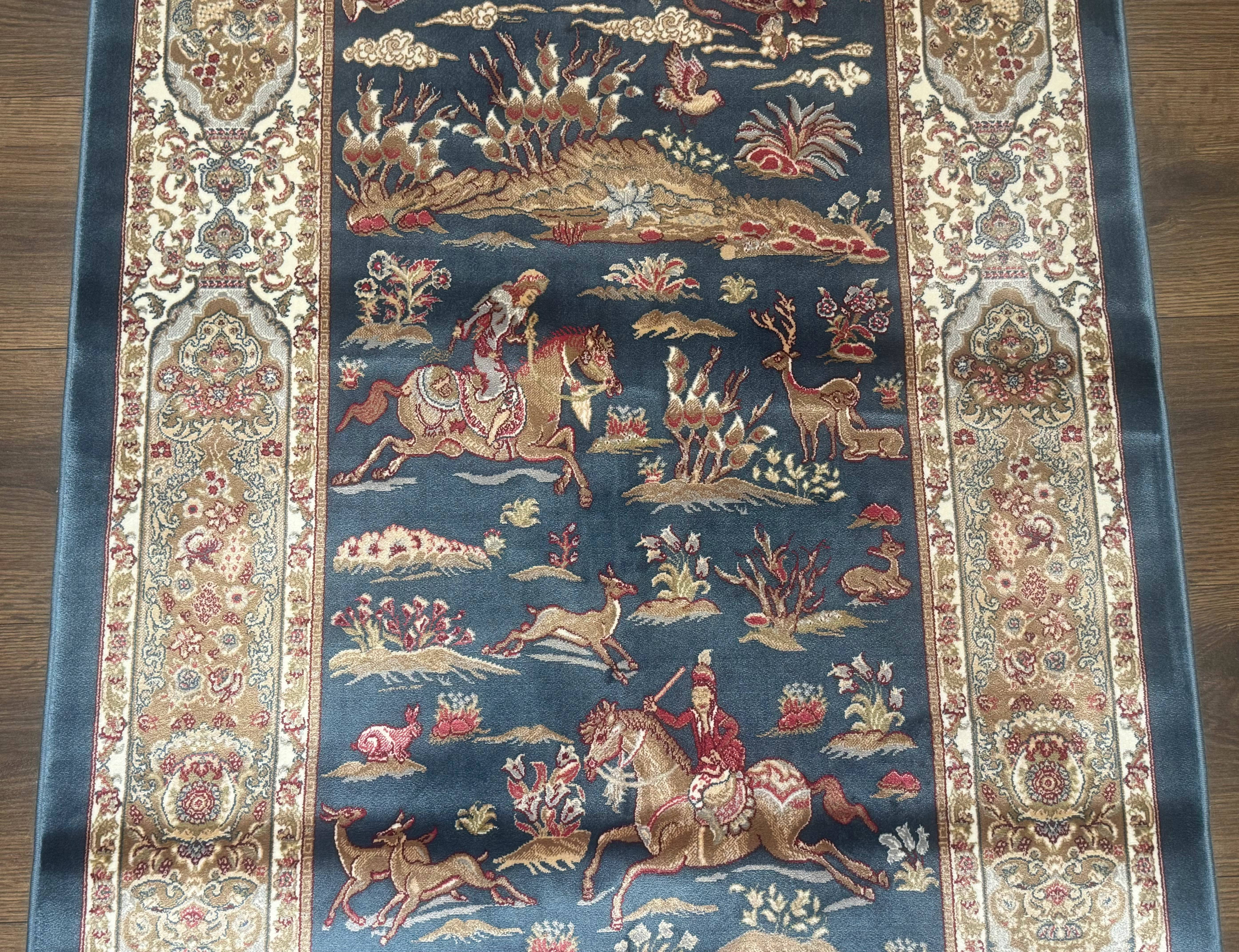Turkish Silk Hunting Scene Rug 2.6 x 5, Dark Steel Blue & Ivory, Bamboo Silk, New - Jewel Rugs