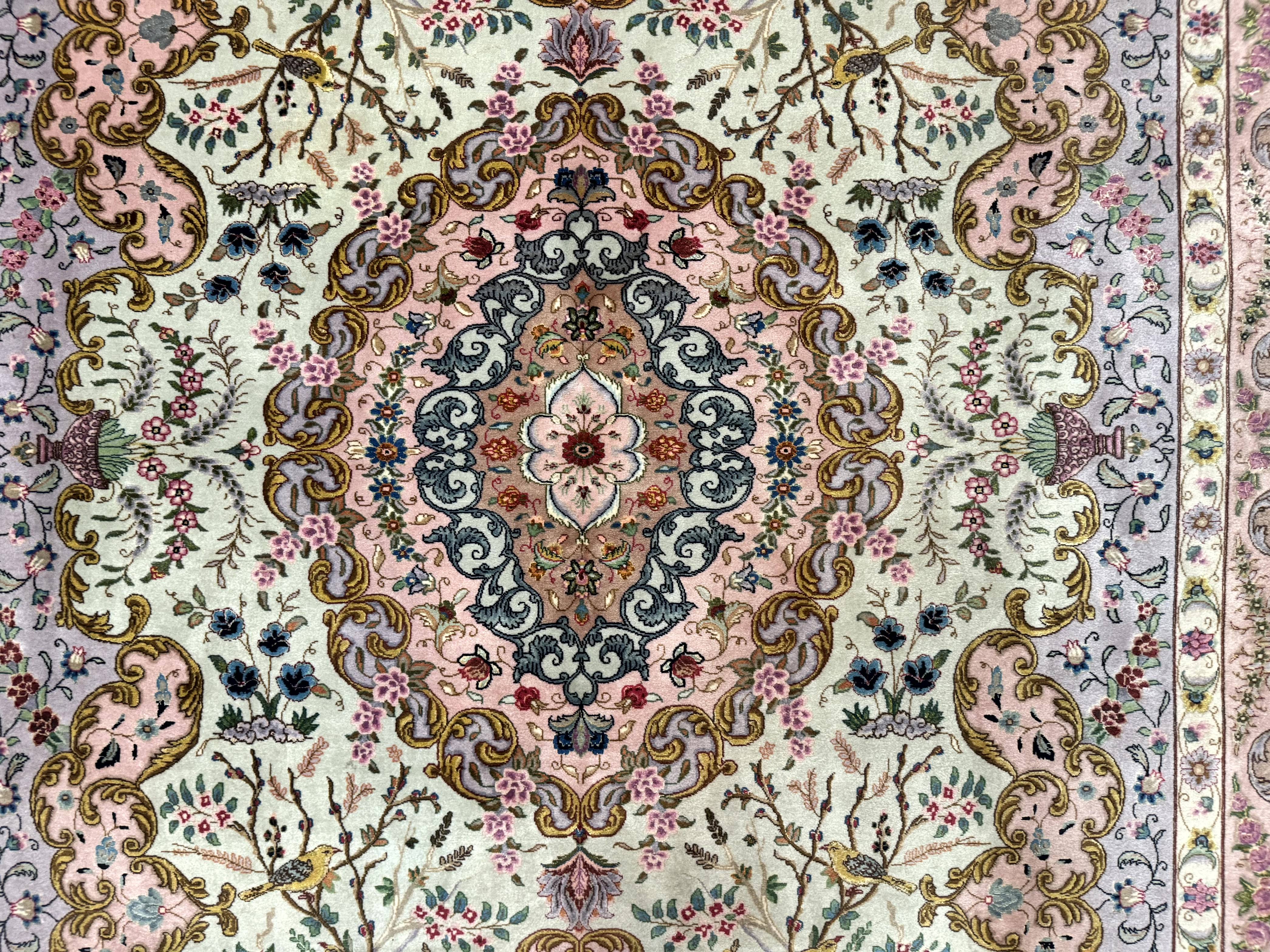 Wonderful Persian Tabriz Rug 7x10, Very Fine 330 KPSI, Light Green Light Blue Pink, Kork Wool Silk Foundation, Bird Pictorials - Jewel Rugs