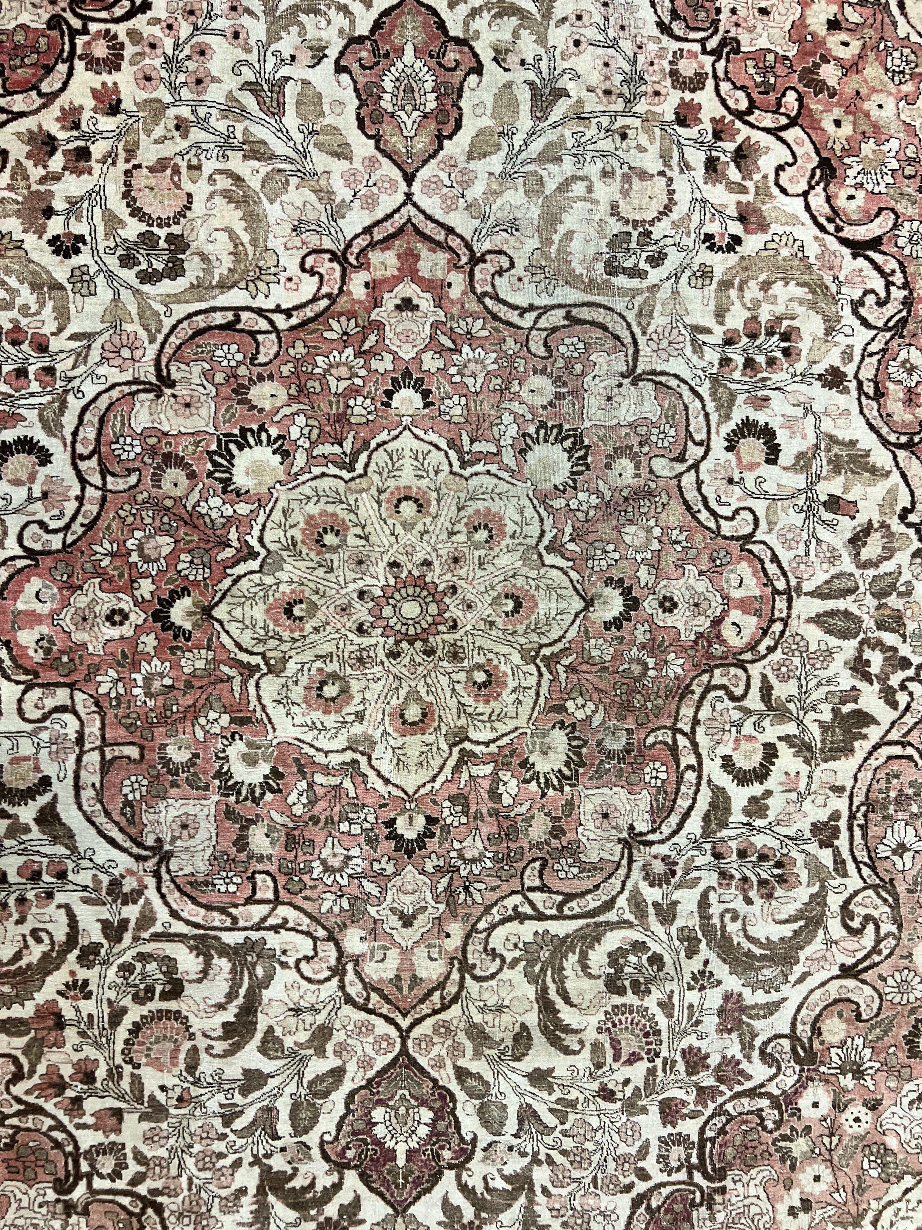 Antique Persian Tabriz Rug 10x12, Wool Hand Knotted Oriental Carpet, Beige Light Red, Floral Medallion - Jewel Rugs